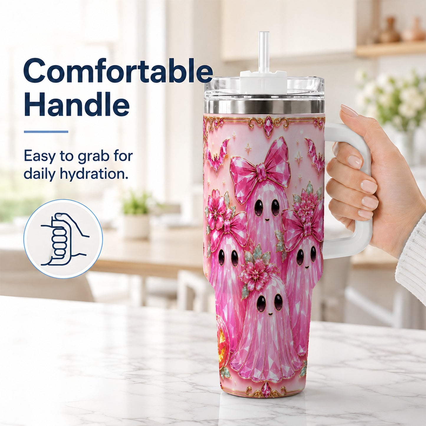 #pl[40oz|White] Halloween Ghost 40oz Tumbler with Handle, Cute Spooky Travel Cup