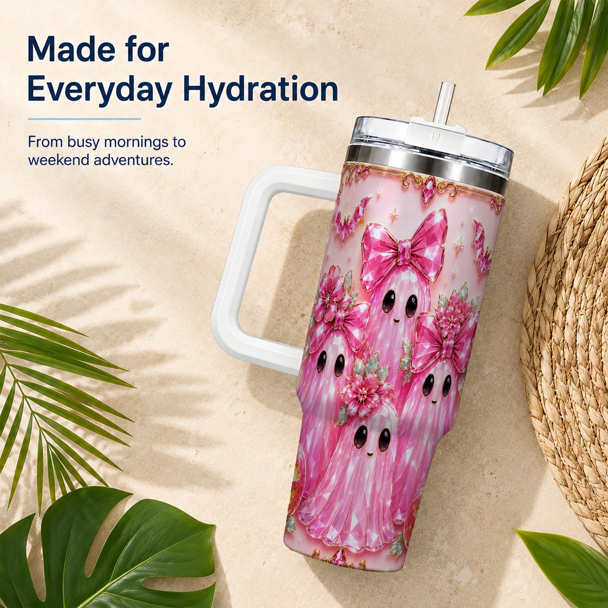 #pl[40oz|White] Halloween Ghost 40oz Tumbler with Handle, Cute Spooky Travel Cup