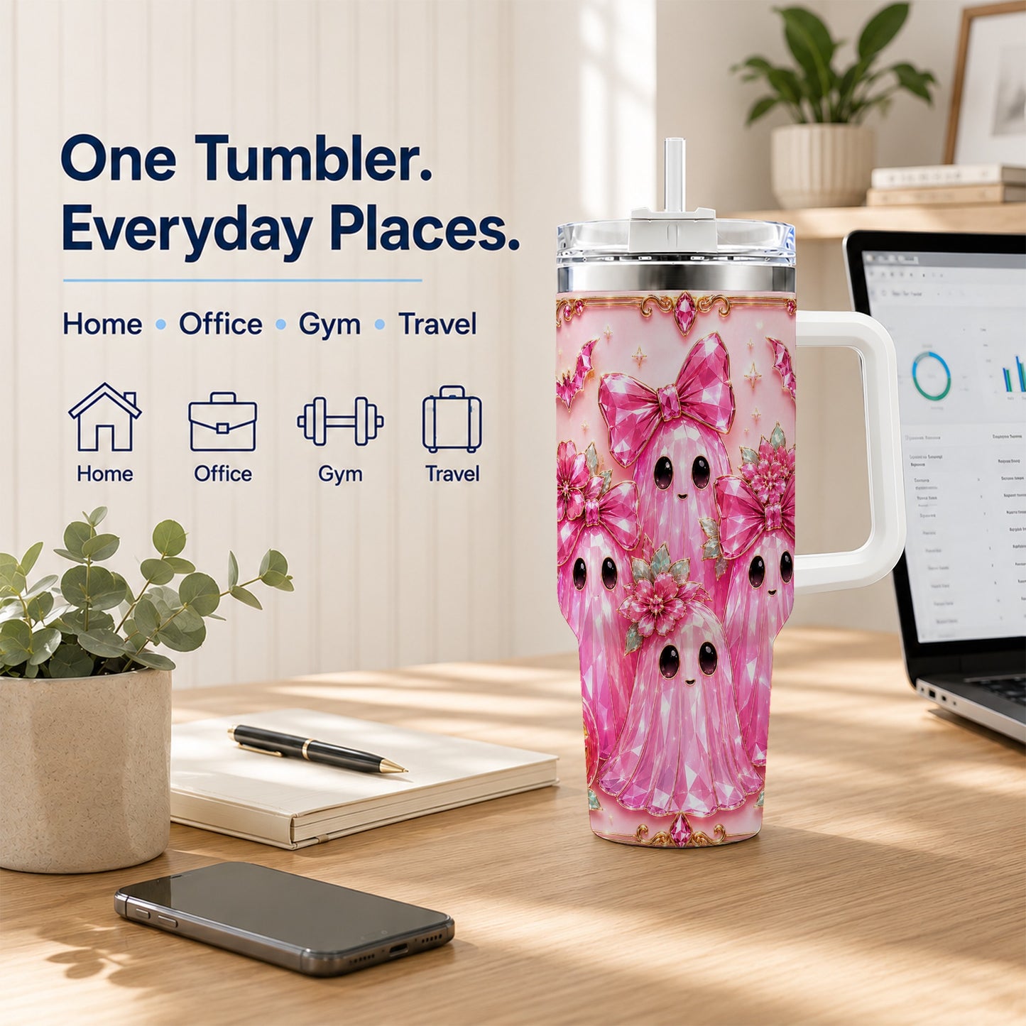 #pl[40oz|White] Halloween Ghost 40oz Tumbler with Handle, Cute Spooky Travel Cup