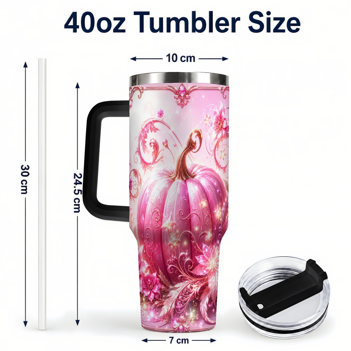 #pl[40oz|Black] Floral Pumpkin 40oz Tumbler with Handle, Autumn Theme Travel Cup