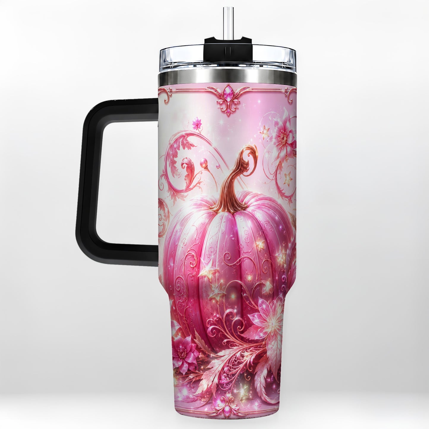 #pl[40oz|Black] Floral Pumpkin 40oz Tumbler with Handle, Autumn Theme Travel Cup