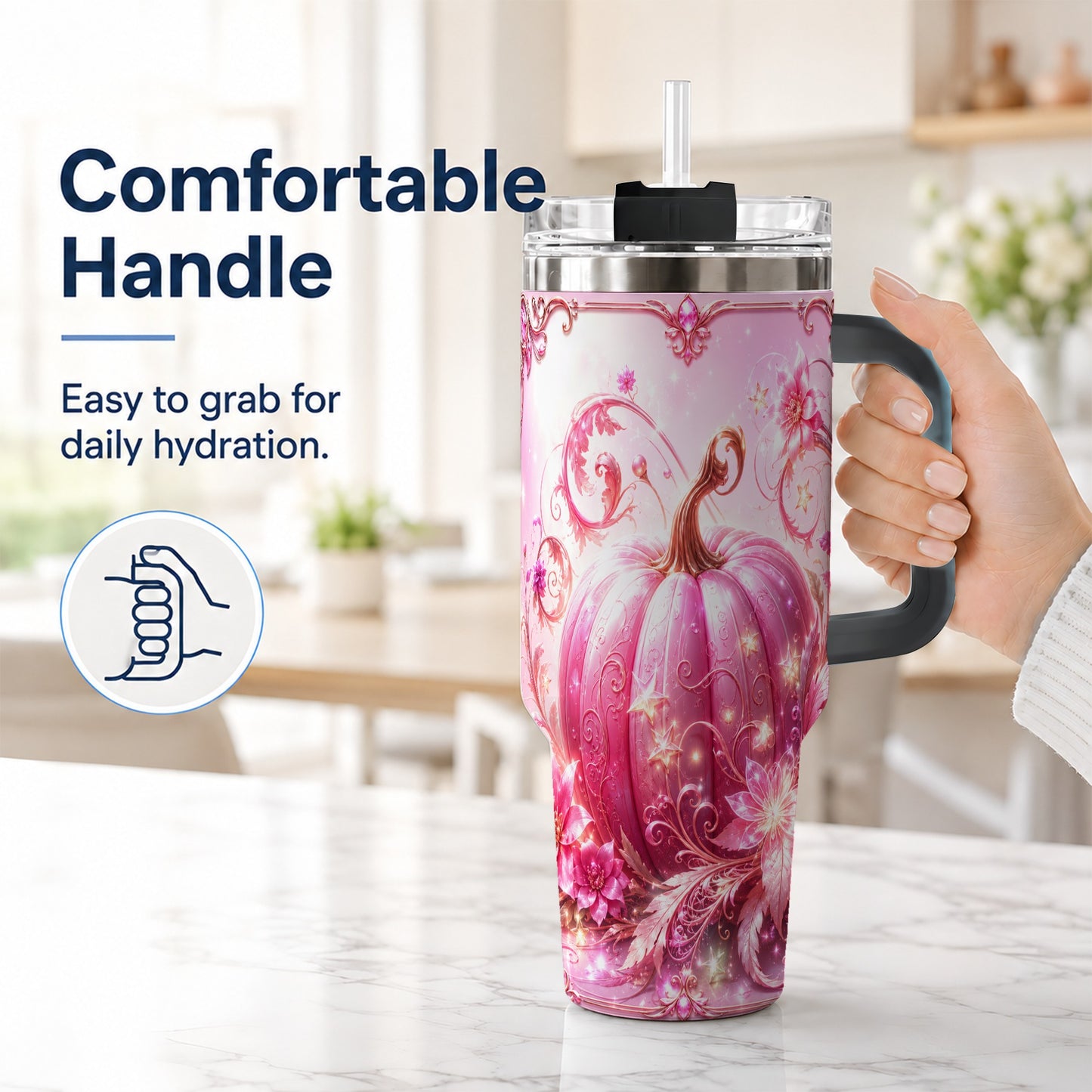 #pl[40oz|Black] Floral Pumpkin 40oz Tumbler with Handle, Autumn Theme Travel Cup