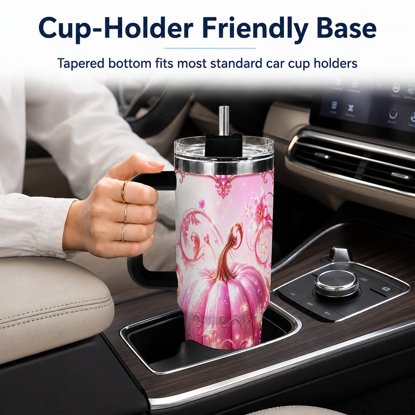 #pl[40oz|Black] Floral Pumpkin 40oz Tumbler with Handle, Autumn Theme Travel Cup
