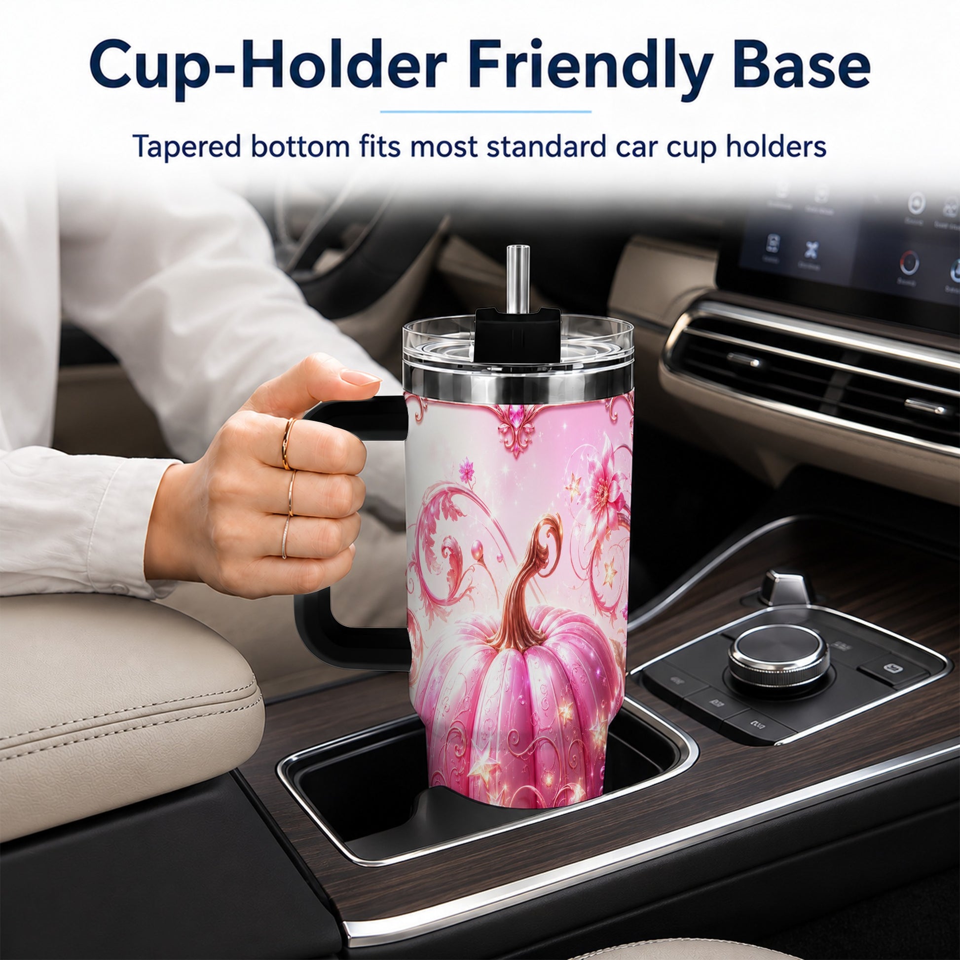 #pl[40oz|Black] Floral Pumpkin 40oz Tumbler with Handle, Autumn Theme Travel Cup