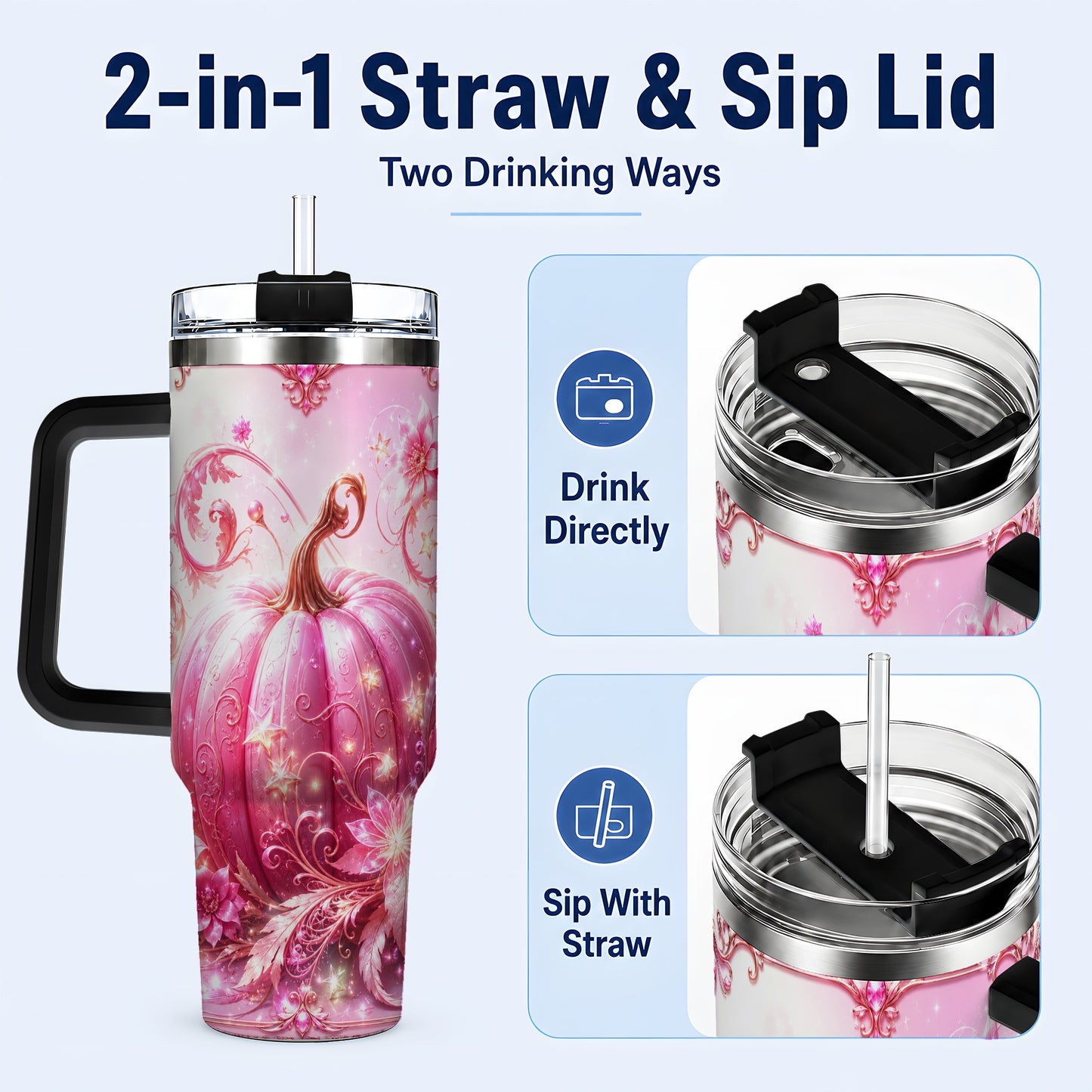#pl[40oz|Black] Floral Pumpkin 40oz Tumbler with Handle, Autumn Theme Travel Cup