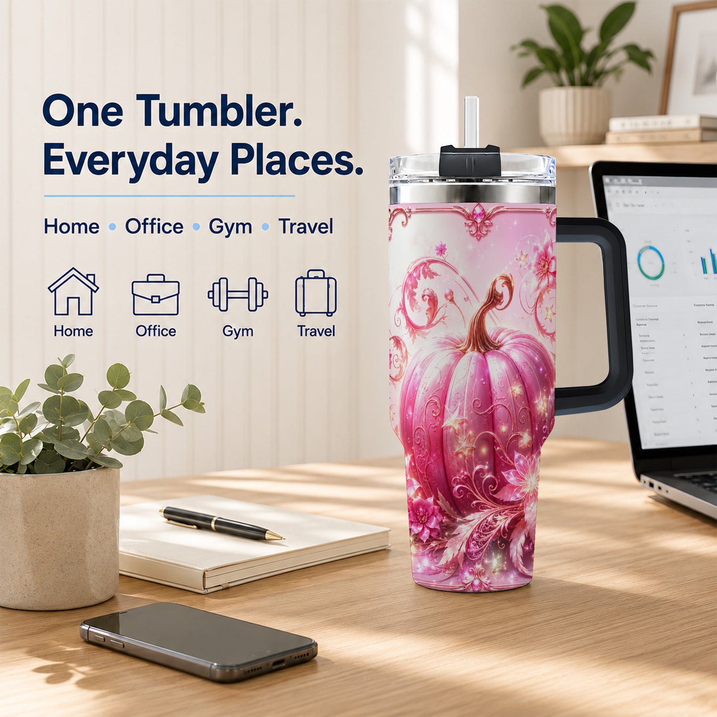 #pl[40oz|Black] Floral Pumpkin 40oz Tumbler with Handle, Autumn Theme Travel Cup
