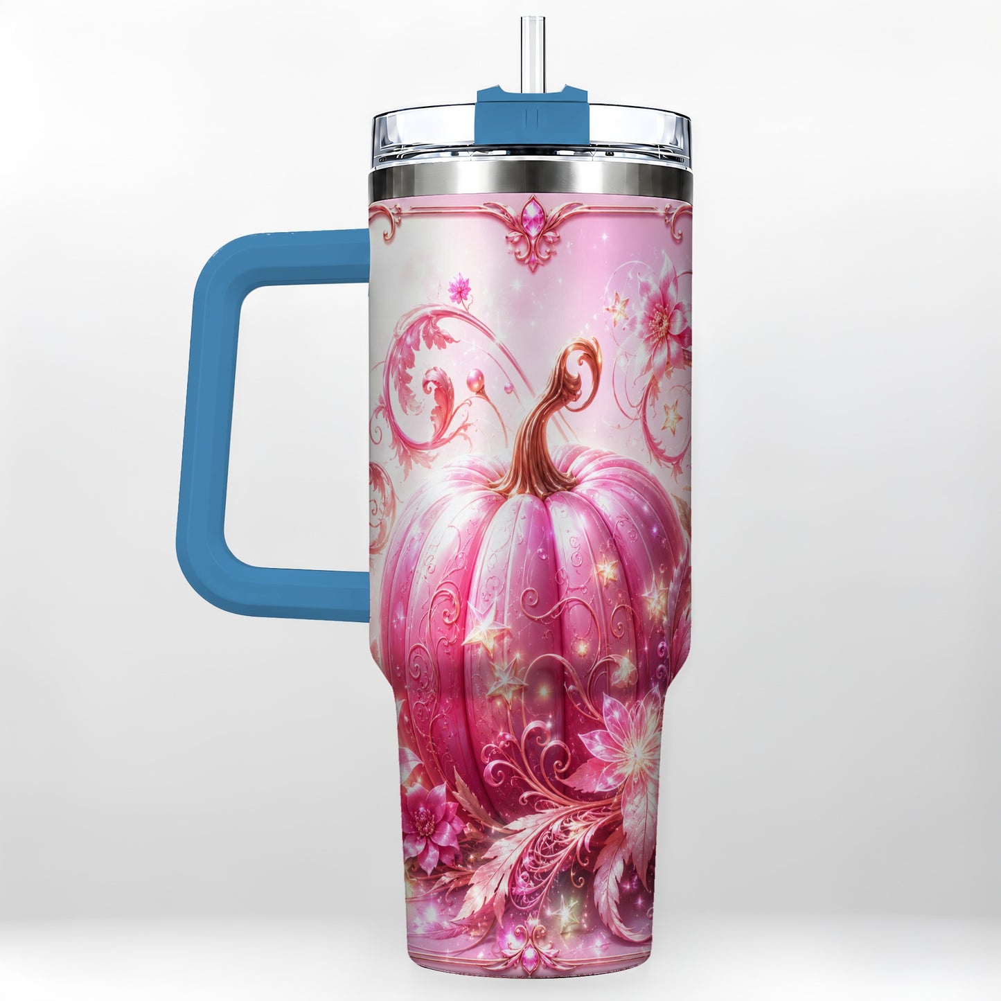 #pl[40oz|Blue] Floral Pumpkin 40oz Tumbler with Handle, Autumn Theme Travel Cup