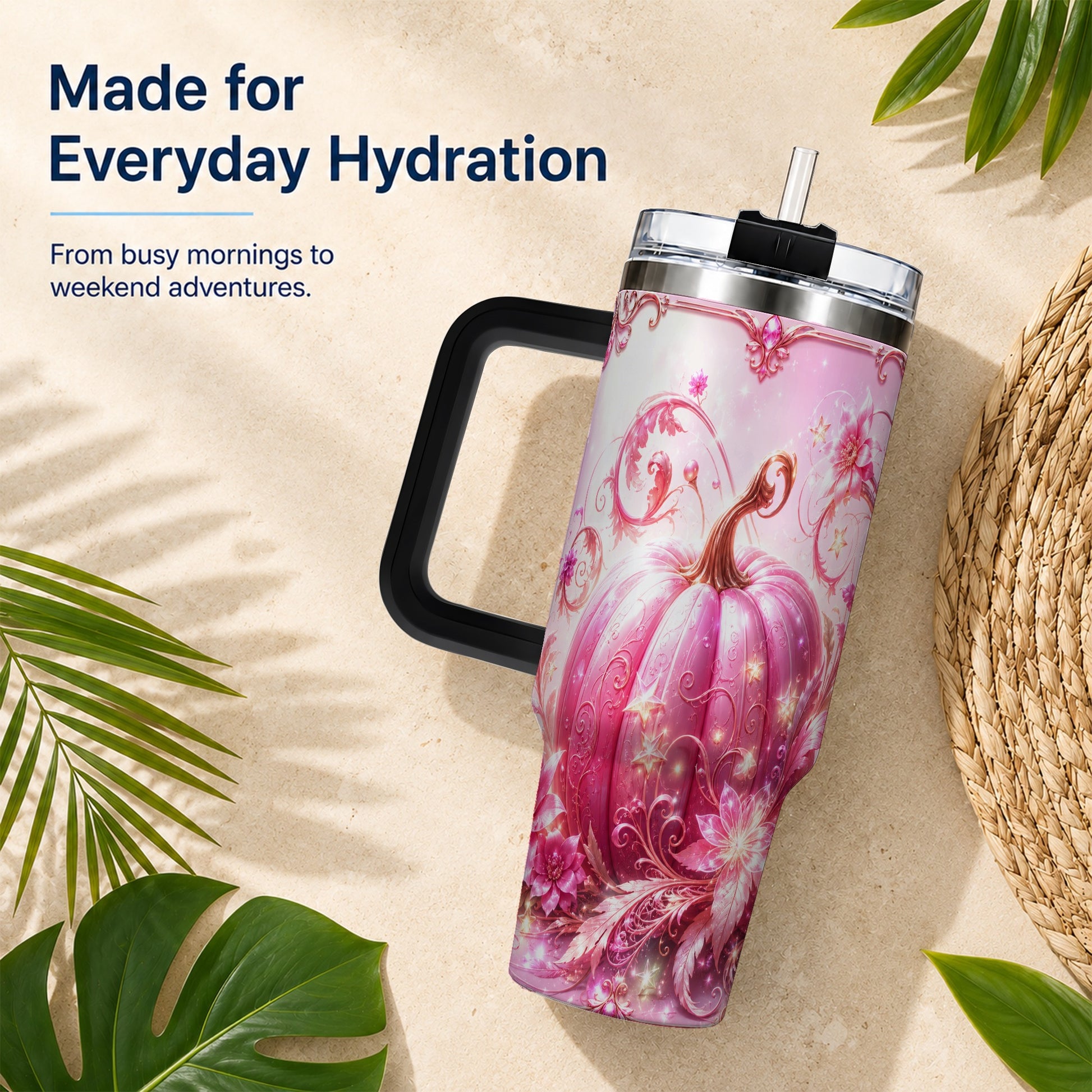 #pl[40oz|Black] Floral Pumpkin 40oz Tumbler with Handle, Autumn Theme Travel Cup