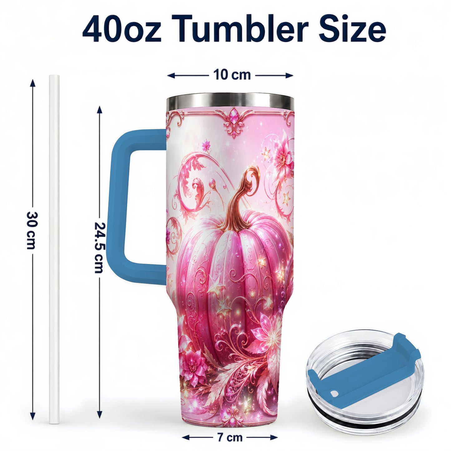 #pl[40oz|Blue] Floral Pumpkin 40oz Tumbler with Handle, Autumn Theme Travel Cup