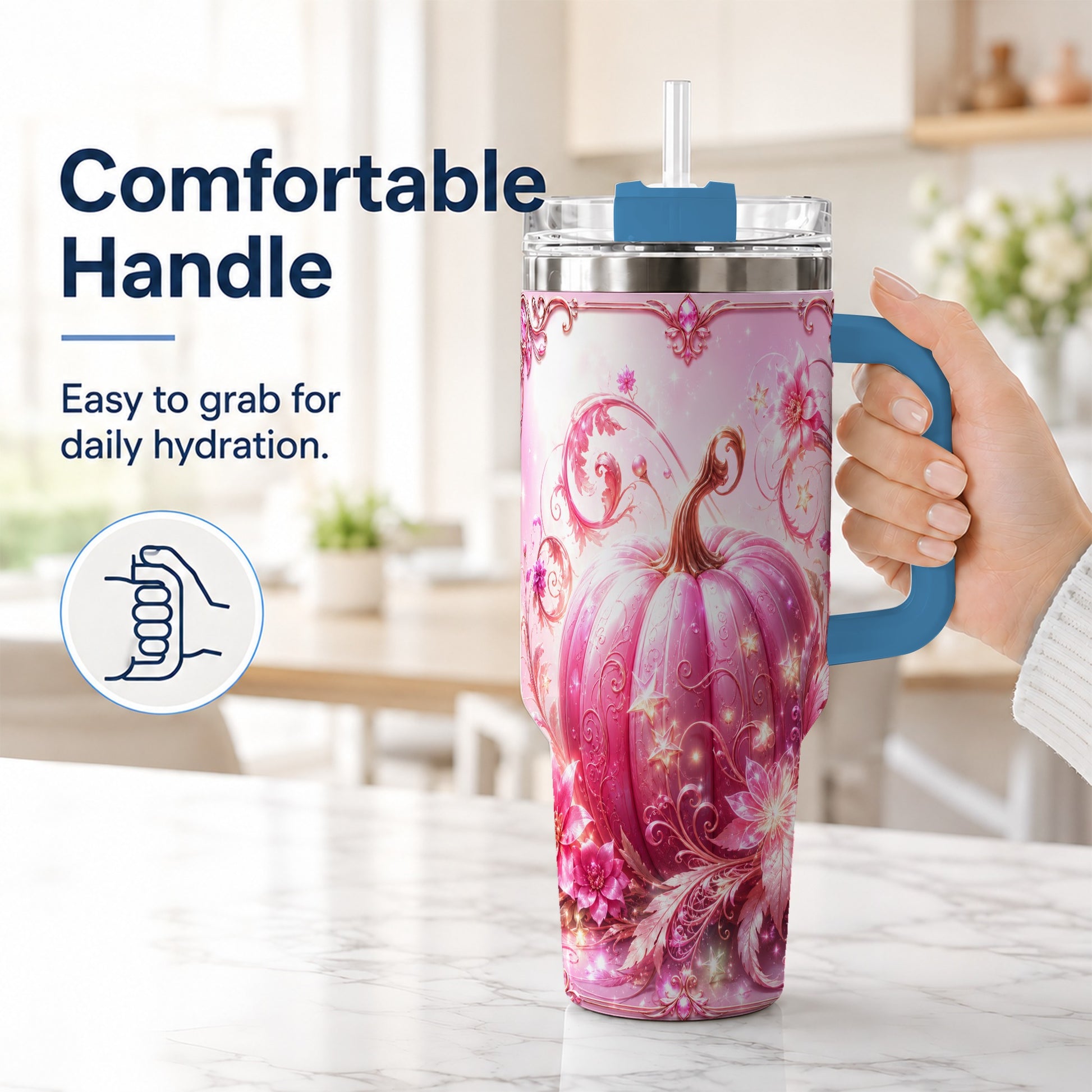 #pl[40oz|Blue] Floral Pumpkin 40oz Tumbler with Handle, Autumn Theme Travel Cup