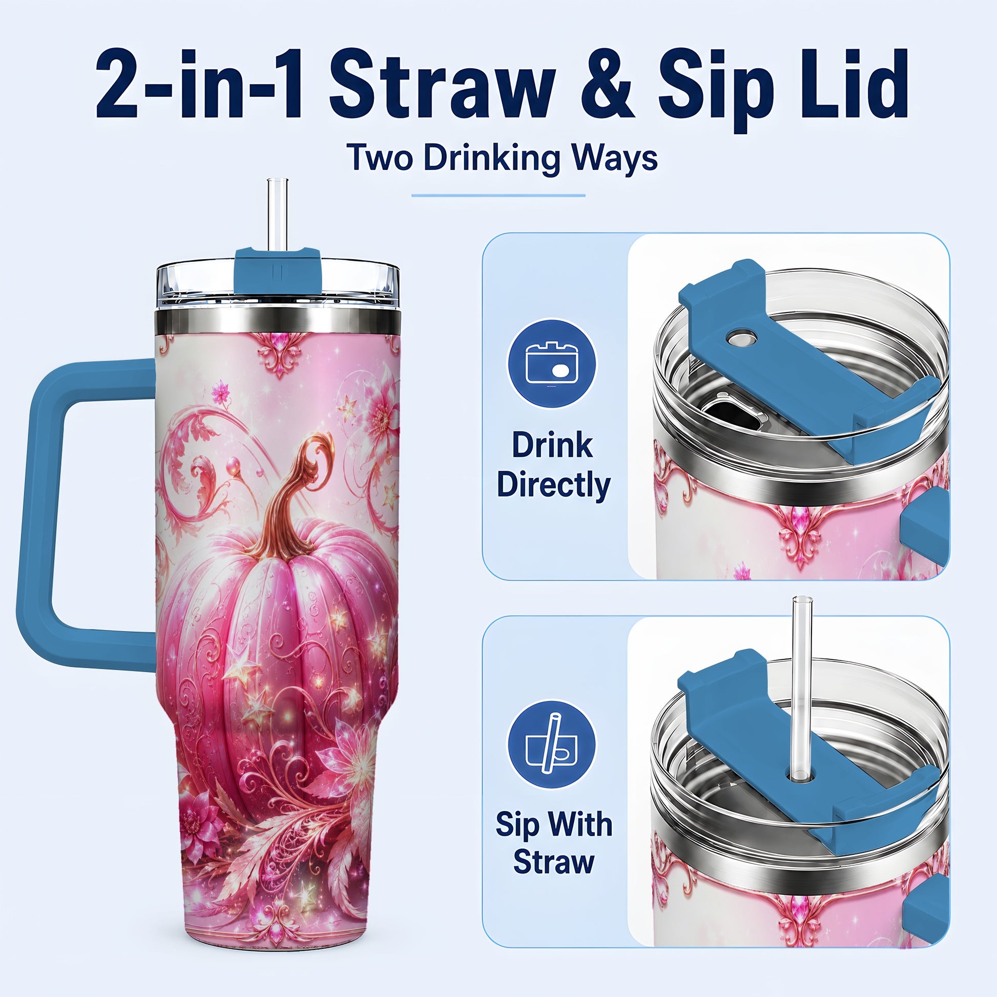 #pl[40oz|Blue] Floral Pumpkin 40oz Tumbler with Handle, Autumn Theme Travel Cup