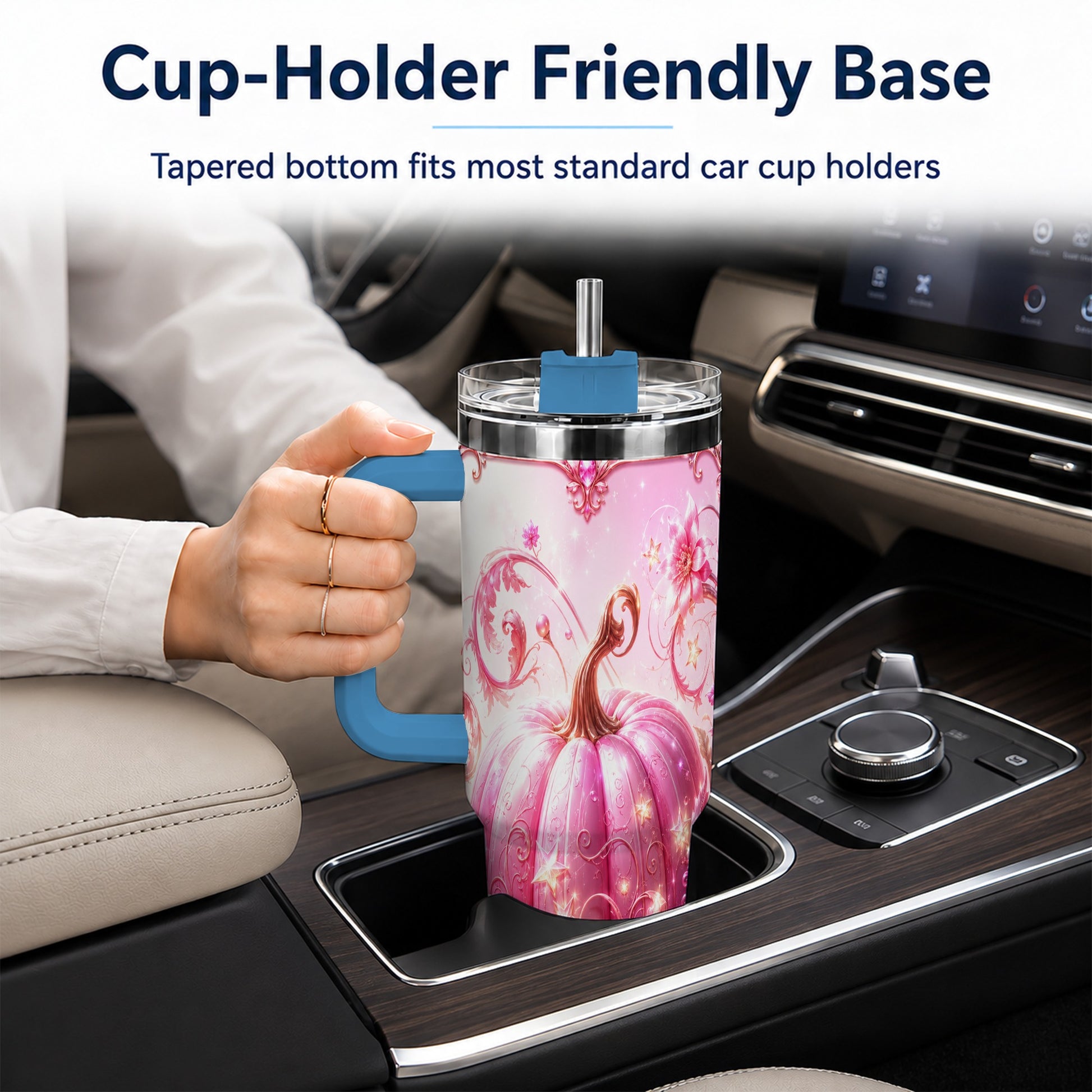 #pl[40oz|Blue] Floral Pumpkin 40oz Tumbler with Handle, Autumn Theme Travel Cup