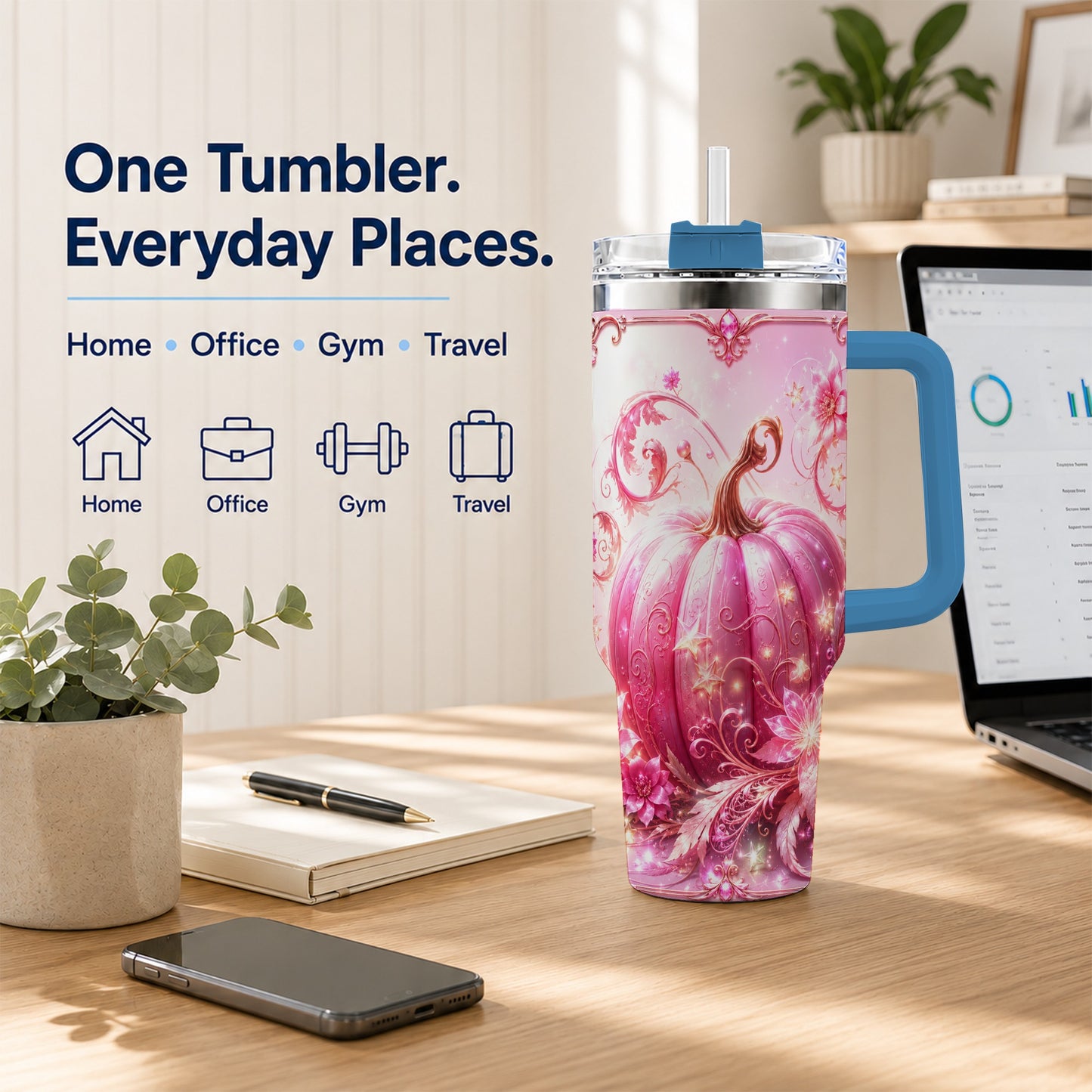 #pl[40oz|Blue] Floral Pumpkin 40oz Tumbler with Handle, Autumn Theme Travel Cup