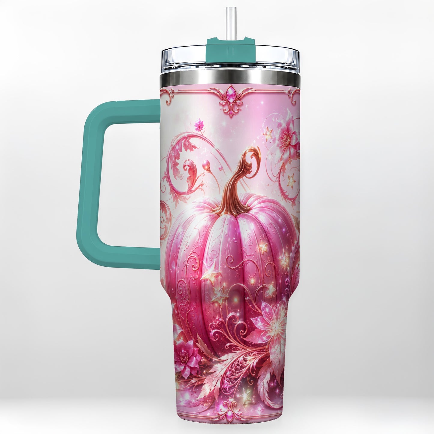 #pl[40oz|Green] Floral Pumpkin 40oz Tumbler with Handle, Autumn Theme Travel Cup