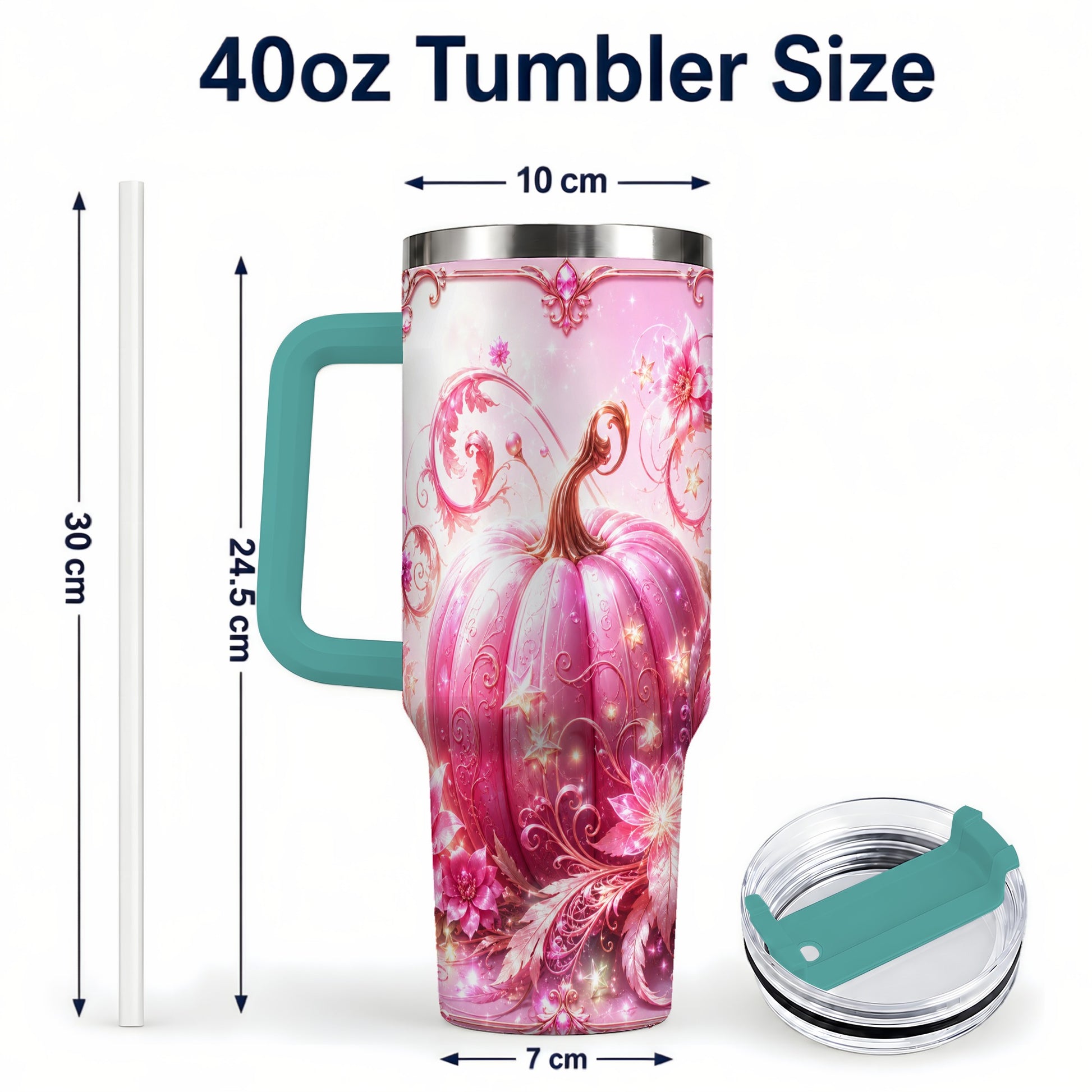#pl[40oz|Green] Floral Pumpkin 40oz Tumbler with Handle, Autumn Theme Travel Cup