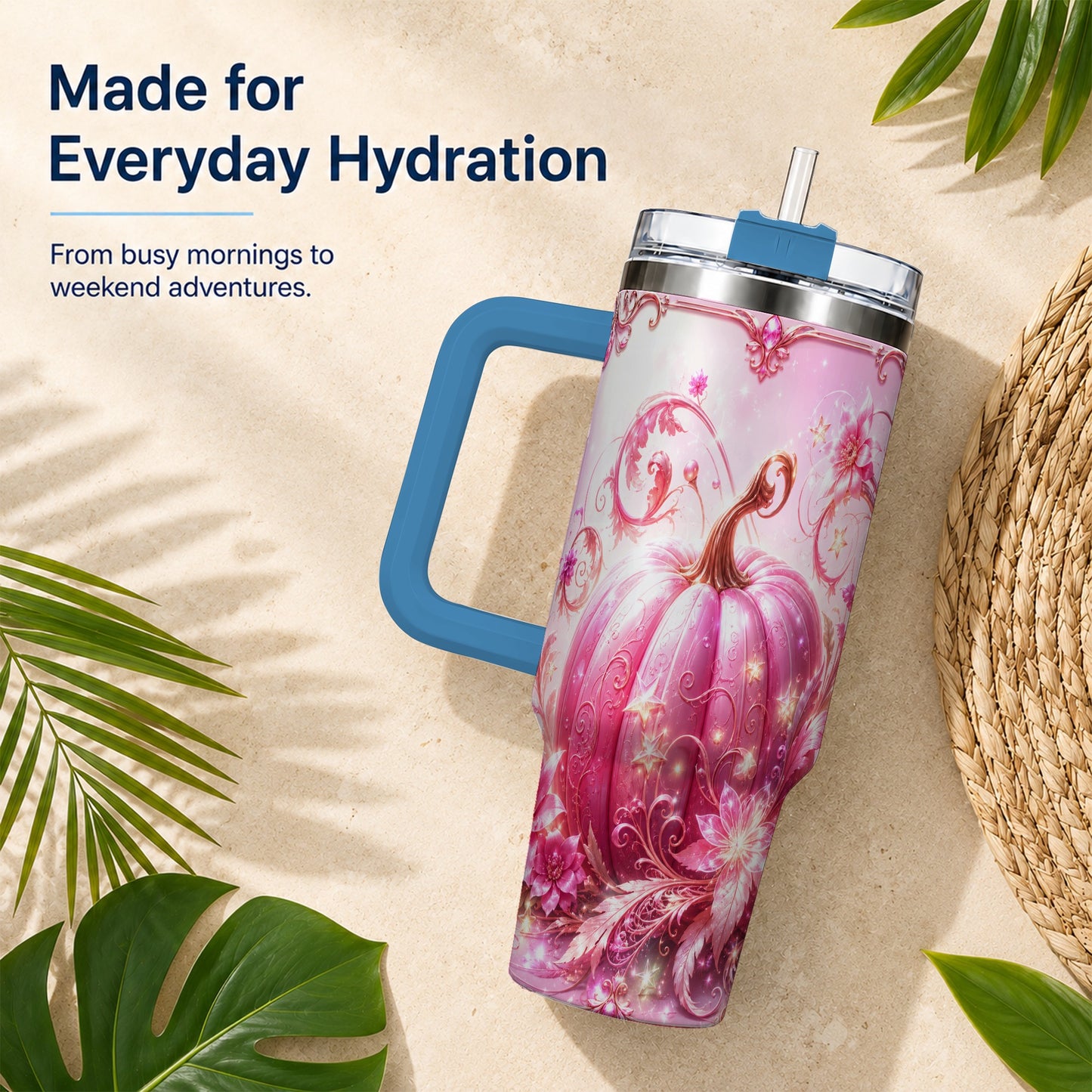 #pl[40oz|Blue] Floral Pumpkin 40oz Tumbler with Handle, Autumn Theme Travel Cup