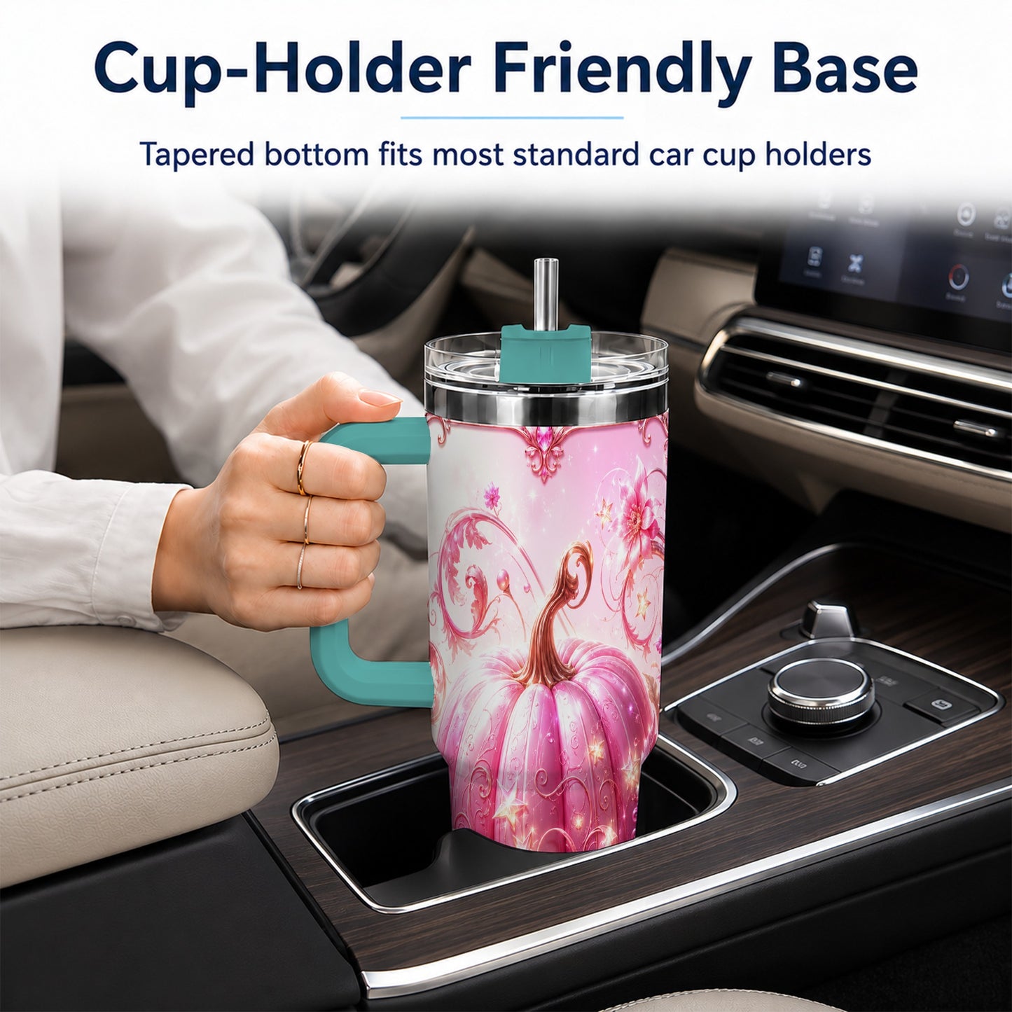 #pl[40oz|Green] Floral Pumpkin 40oz Tumbler with Handle, Autumn Theme Travel Cup