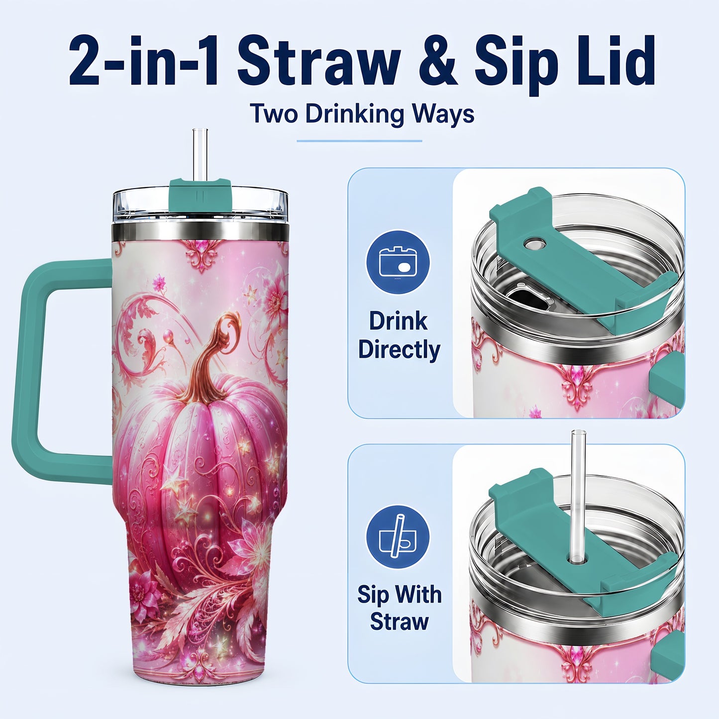 #pl[40oz|Green] Floral Pumpkin 40oz Tumbler with Handle, Autumn Theme Travel Cup