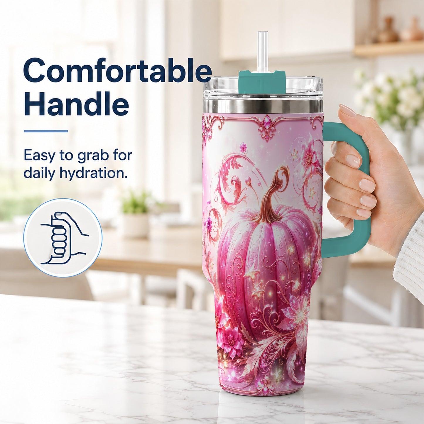 #pl[40oz|Green] Floral Pumpkin 40oz Tumbler with Handle, Autumn Theme Travel Cup