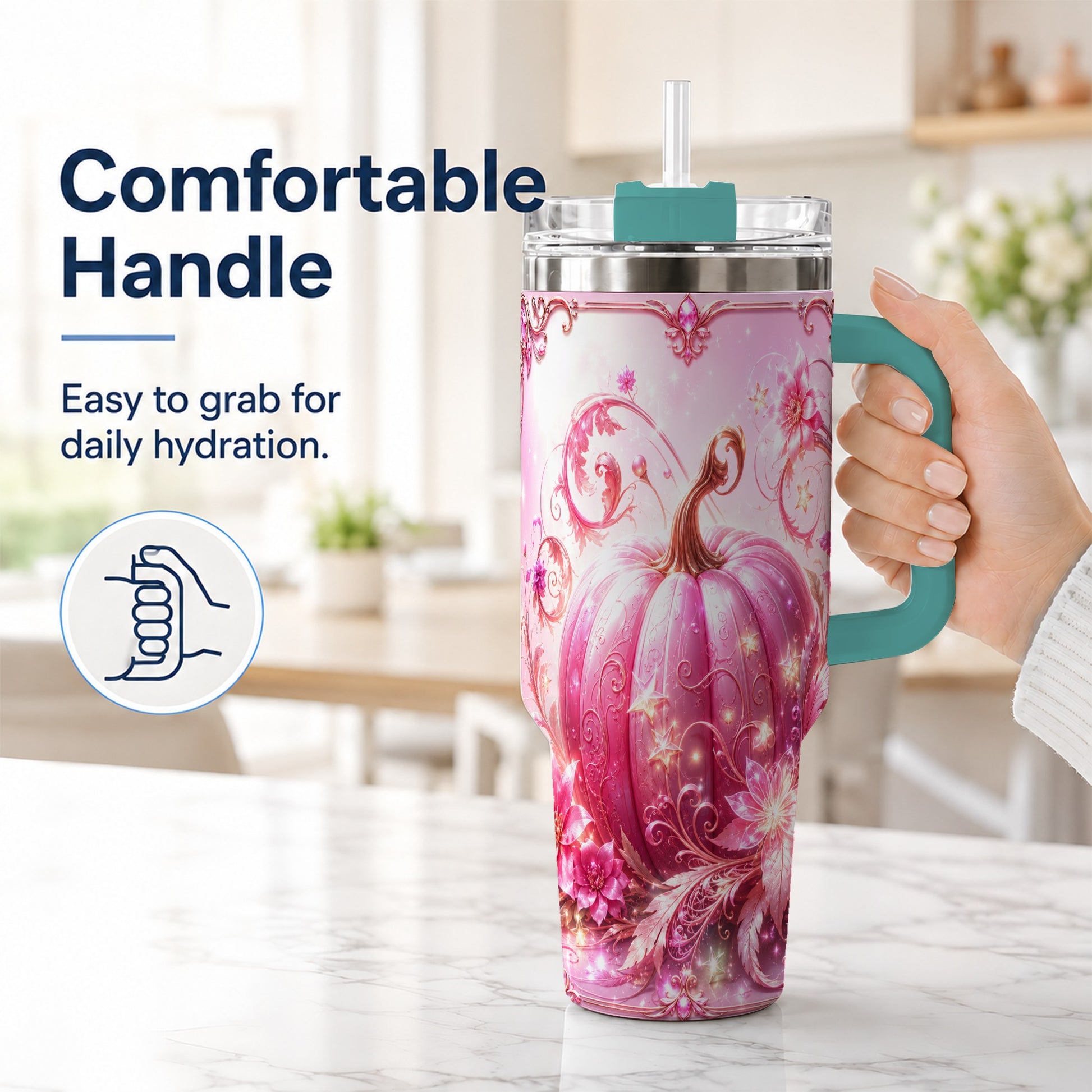 #pl[40oz|Green] Floral Pumpkin 40oz Tumbler with Handle, Autumn Theme Travel Cup