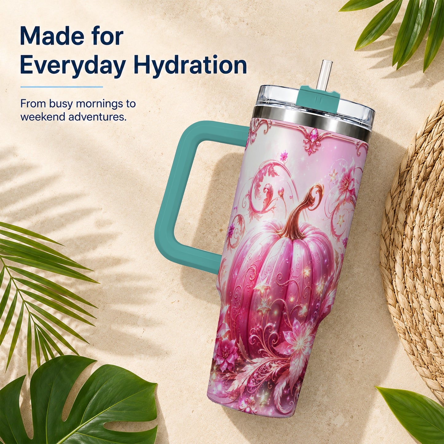 #pl[40oz|Green] Floral Pumpkin 40oz Tumbler with Handle, Autumn Theme Travel Cup