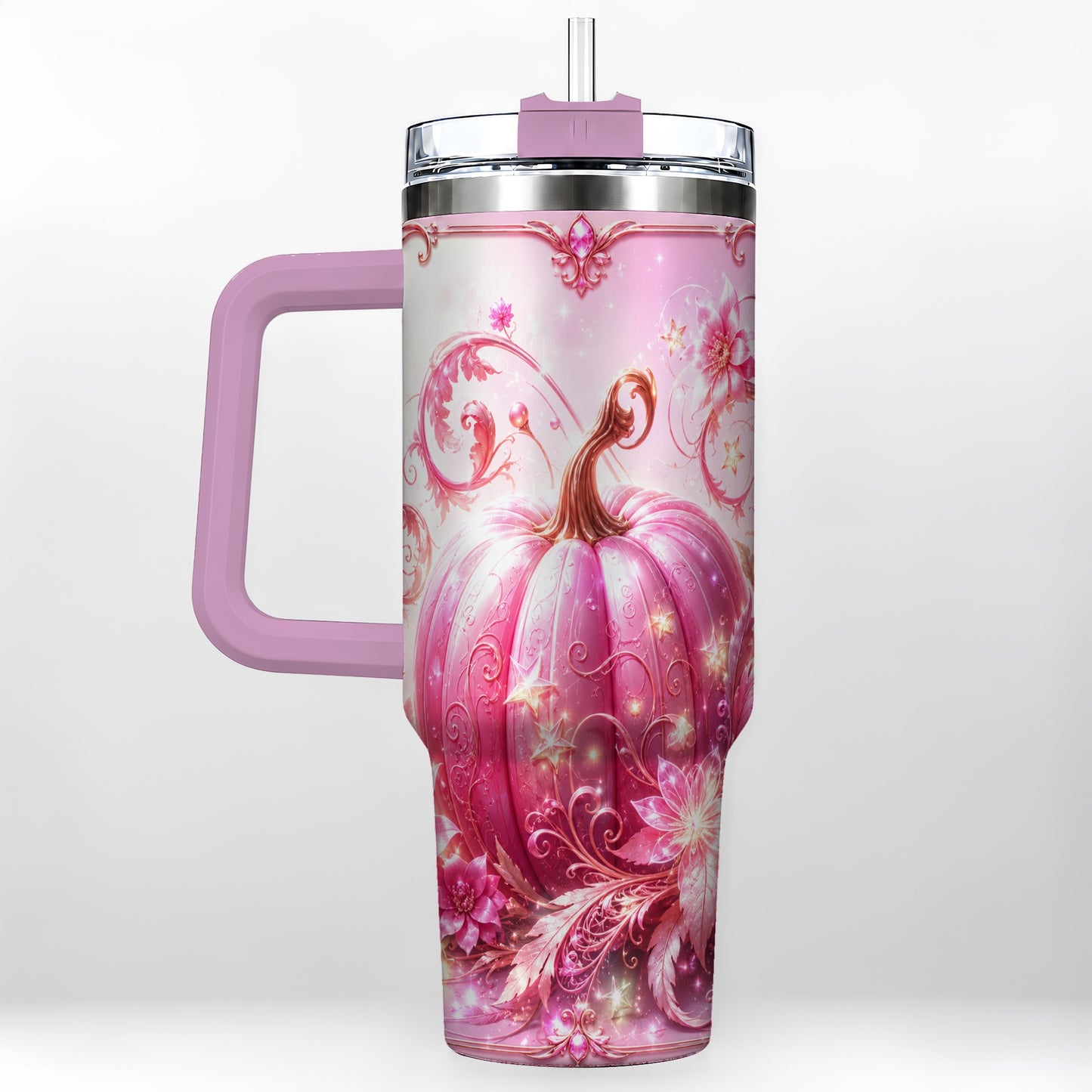 #pl[40oz|Pink] Floral Pumpkin 40oz Tumbler with Handle, Autumn Theme Travel Cup