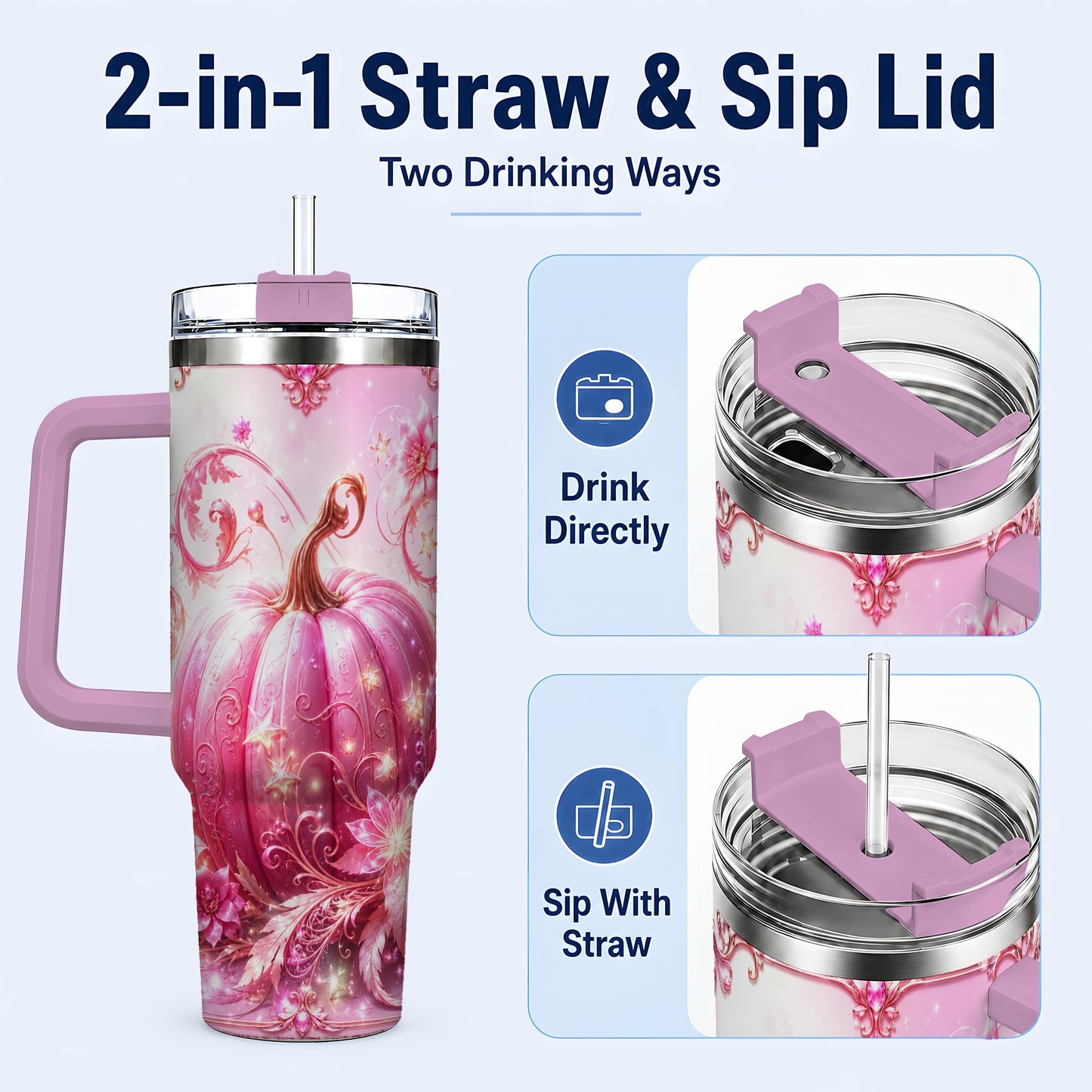 #pl[40oz|Pink] Floral Pumpkin 40oz Tumbler with Handle, Autumn Theme Travel Cup