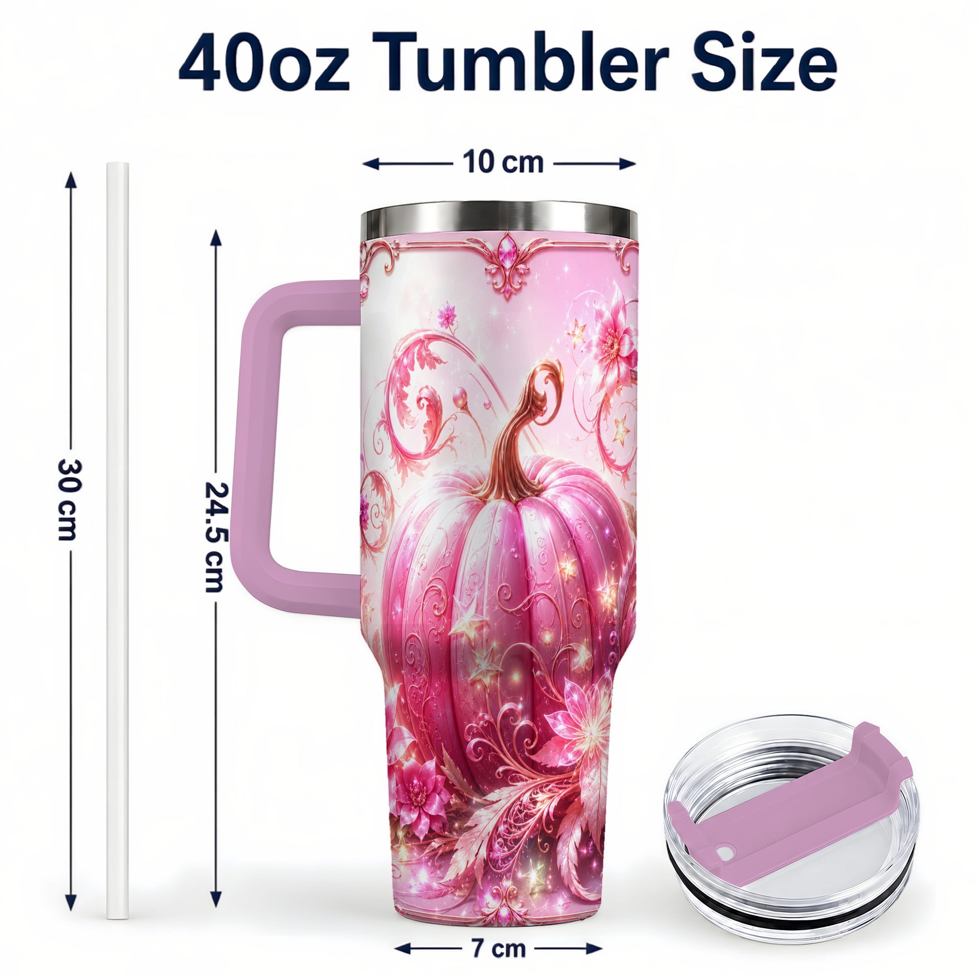 #pl[40oz|Pink] Floral Pumpkin 40oz Tumbler with Handle, Autumn Theme Travel Cup