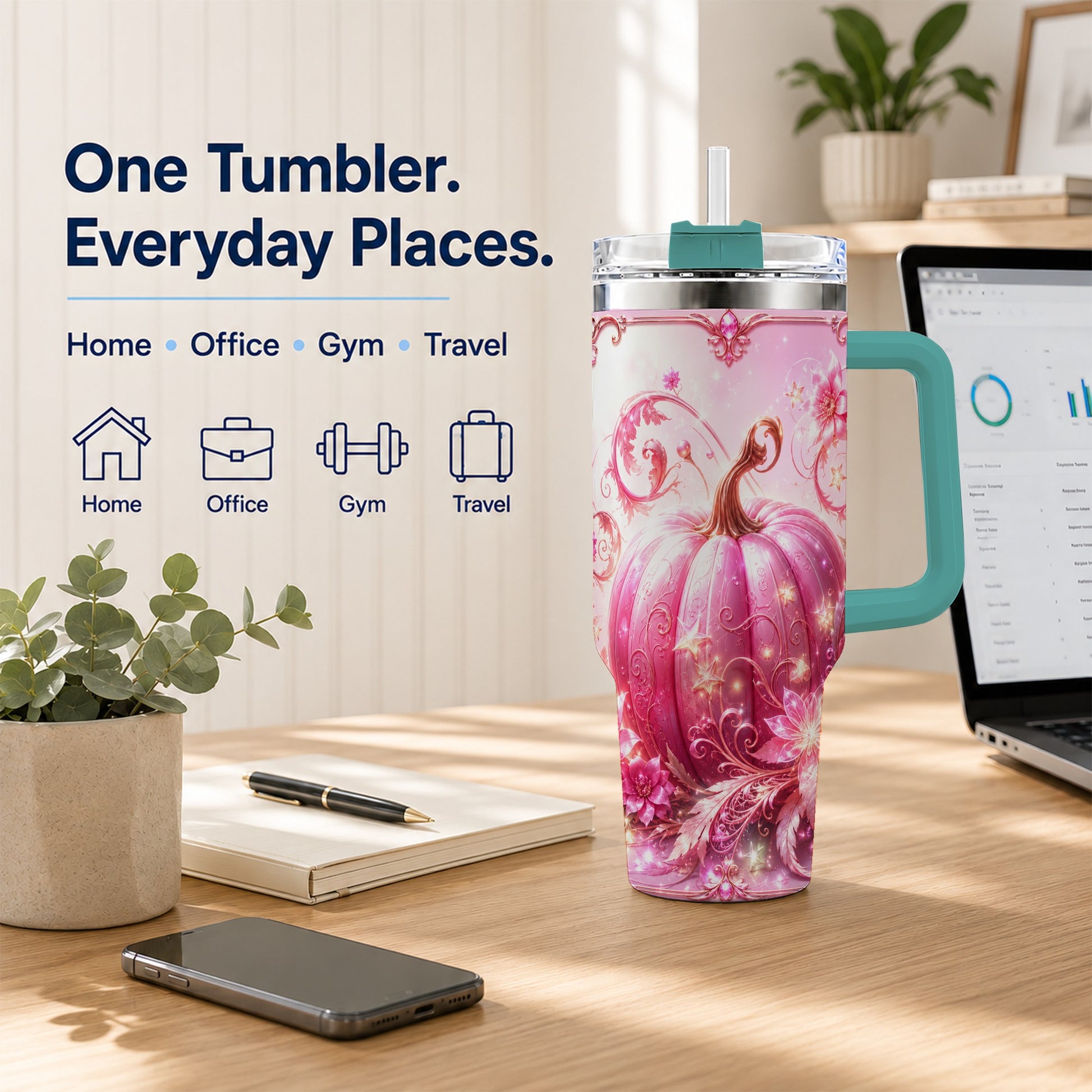 #pl[40oz|Green] Floral Pumpkin 40oz Tumbler with Handle, Autumn Theme Travel Cup