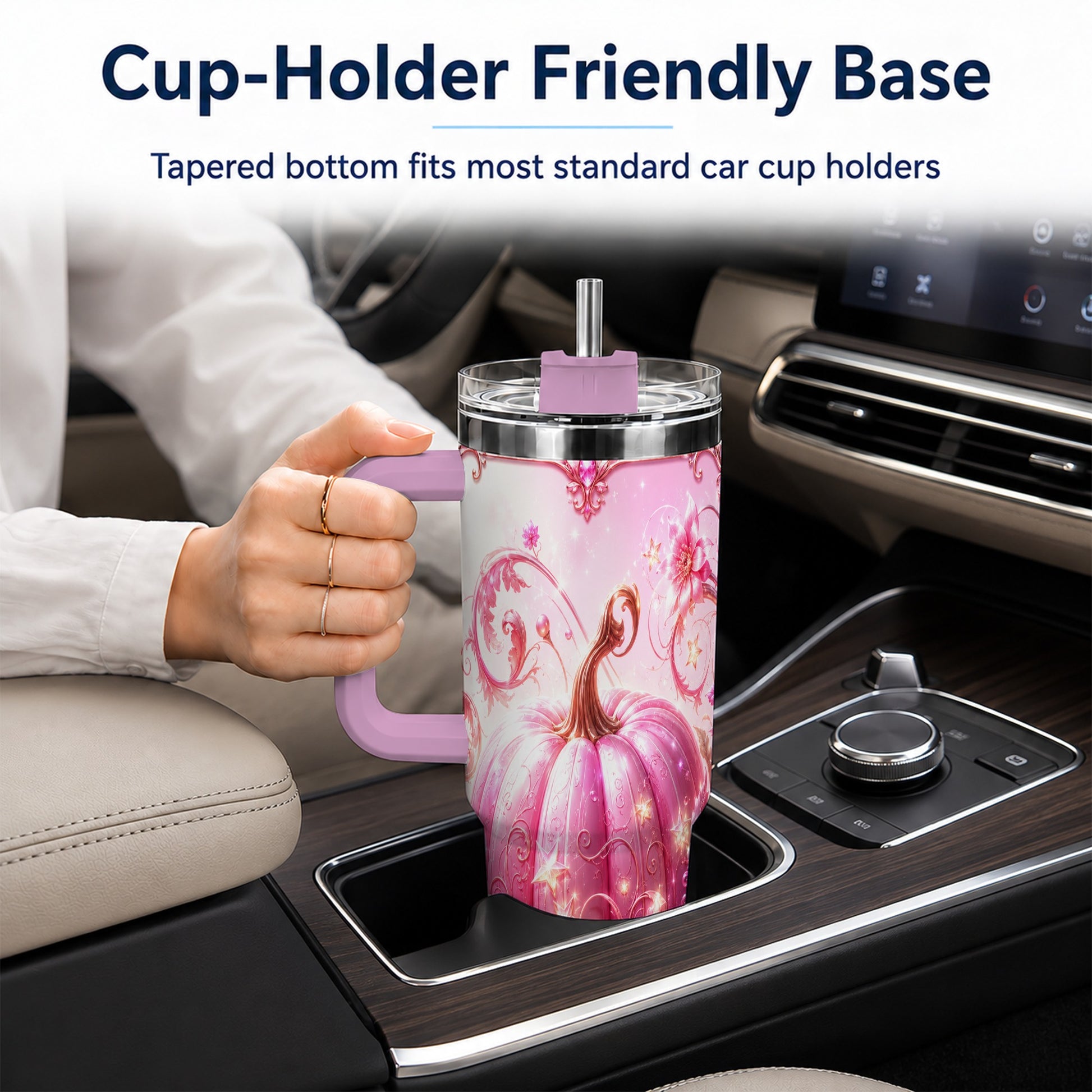 #pl[40oz|Pink] Floral Pumpkin 40oz Tumbler with Handle, Autumn Theme Travel Cup