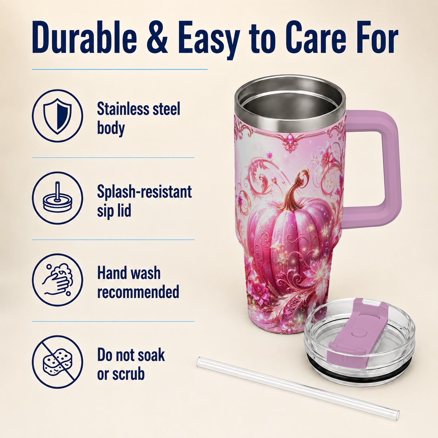 #pl[40oz|Pink] Floral Pumpkin 40oz Tumbler with Handle, Autumn Theme Travel Cup