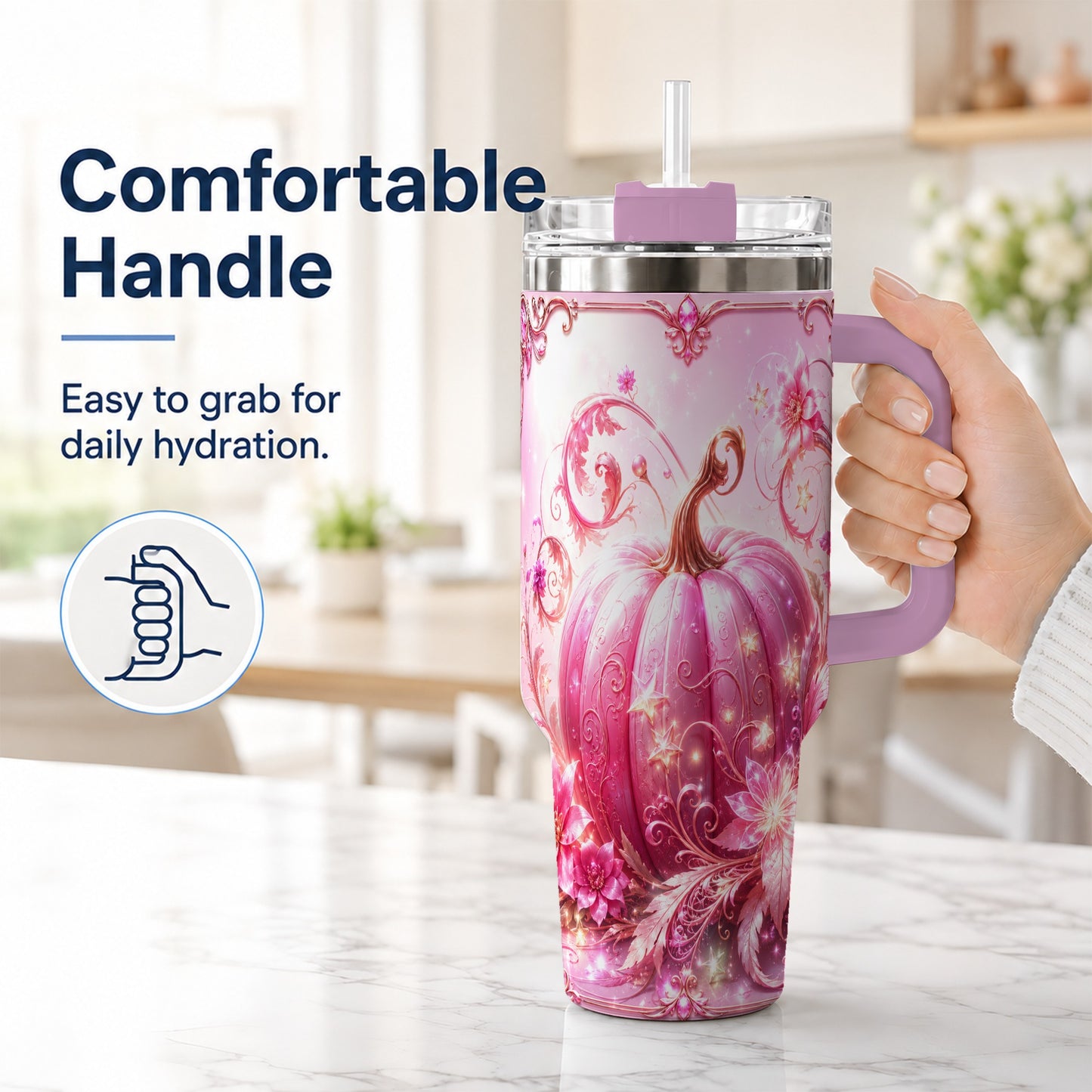 #pl[40oz|Pink] Floral Pumpkin 40oz Tumbler with Handle, Autumn Theme Travel Cup