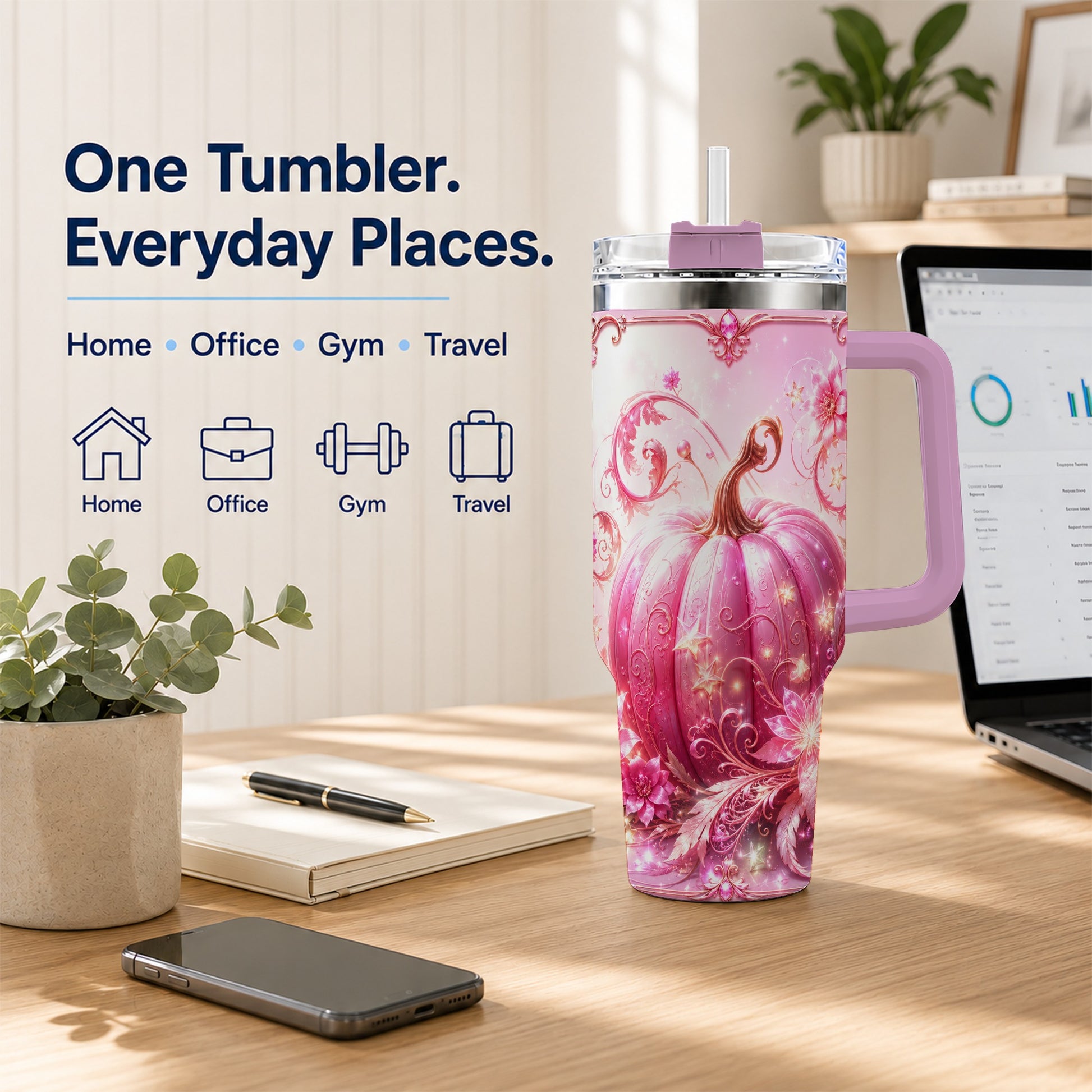 #pl[40oz|Pink] Floral Pumpkin 40oz Tumbler with Handle, Autumn Theme Travel Cup