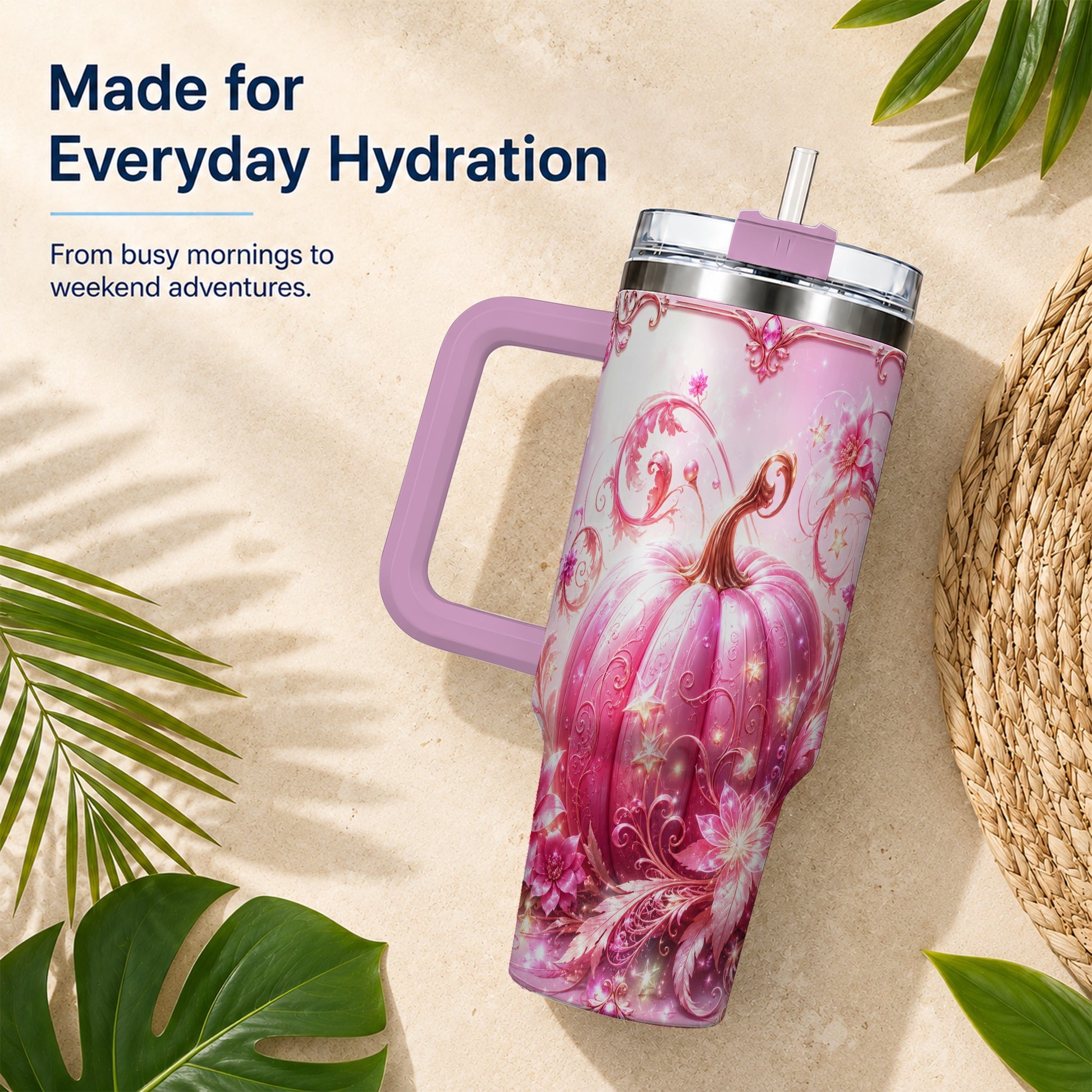 #pl[40oz|Pink] Floral Pumpkin 40oz Tumbler with Handle, Autumn Theme Travel Cup