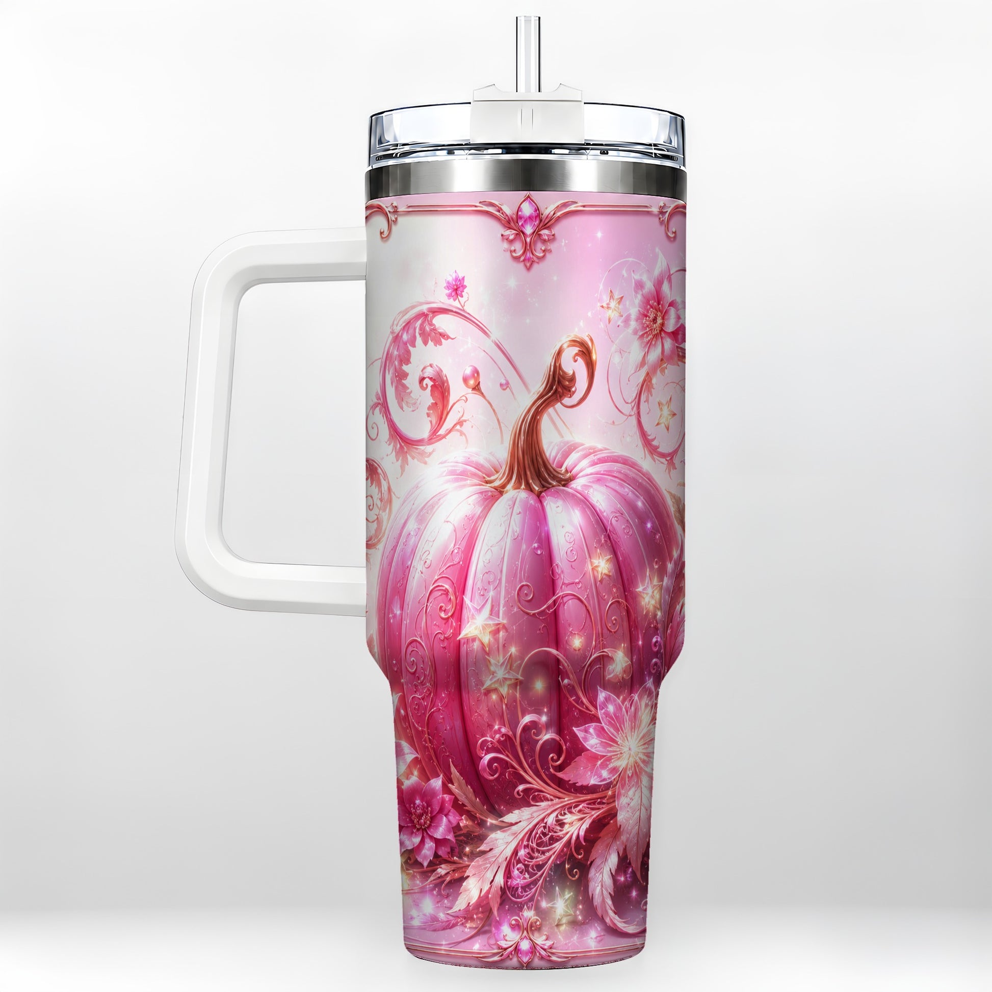 #pl[40oz|White] Floral Pumpkin 40oz Tumbler with Handle, Autumn Theme Travel Cup