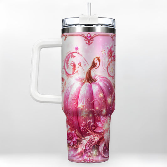 #pl[40oz|White] Floral Pumpkin 40oz Tumbler with Handle, Autumn Theme Travel Cup