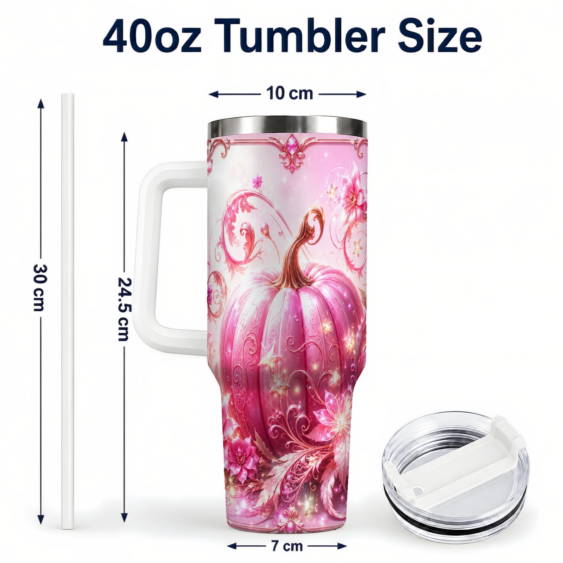#pl[40oz|White] Floral Pumpkin 40oz Tumbler with Handle, Autumn Theme Travel Cup