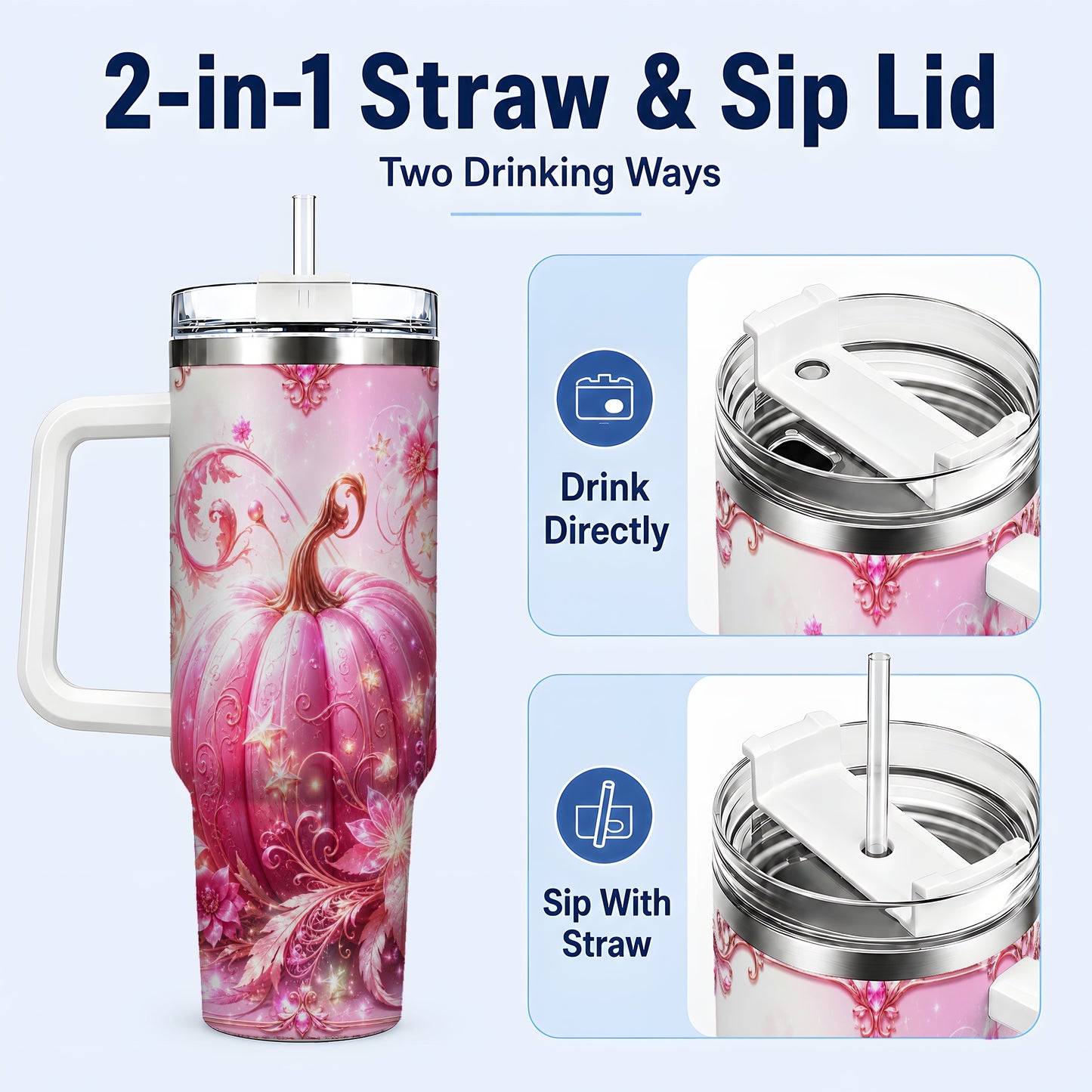 #pl[40oz|White] Floral Pumpkin 40oz Tumbler with Handle, Autumn Theme Travel Cup
