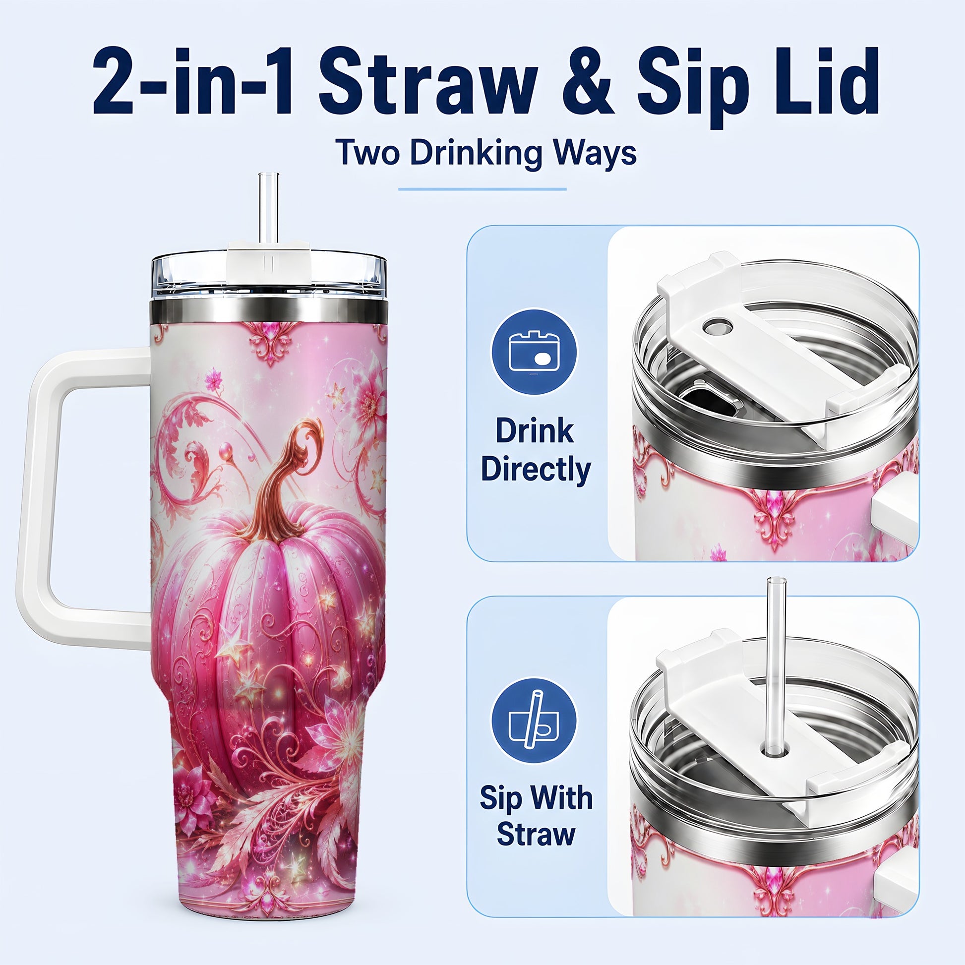 #pl[40oz|White] Floral Pumpkin 40oz Tumbler with Handle, Autumn Theme Travel Cup