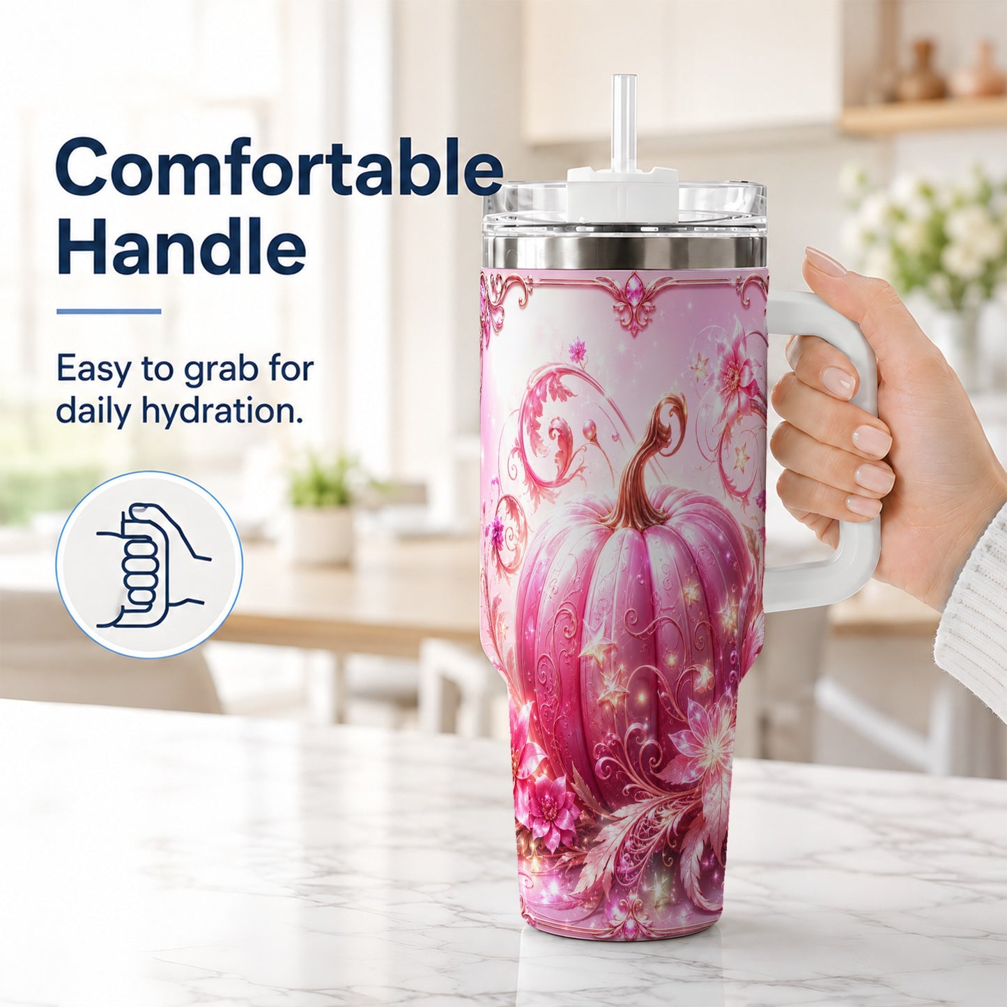 #pl[40oz|White] Floral Pumpkin 40oz Tumbler with Handle, Autumn Theme Travel Cup