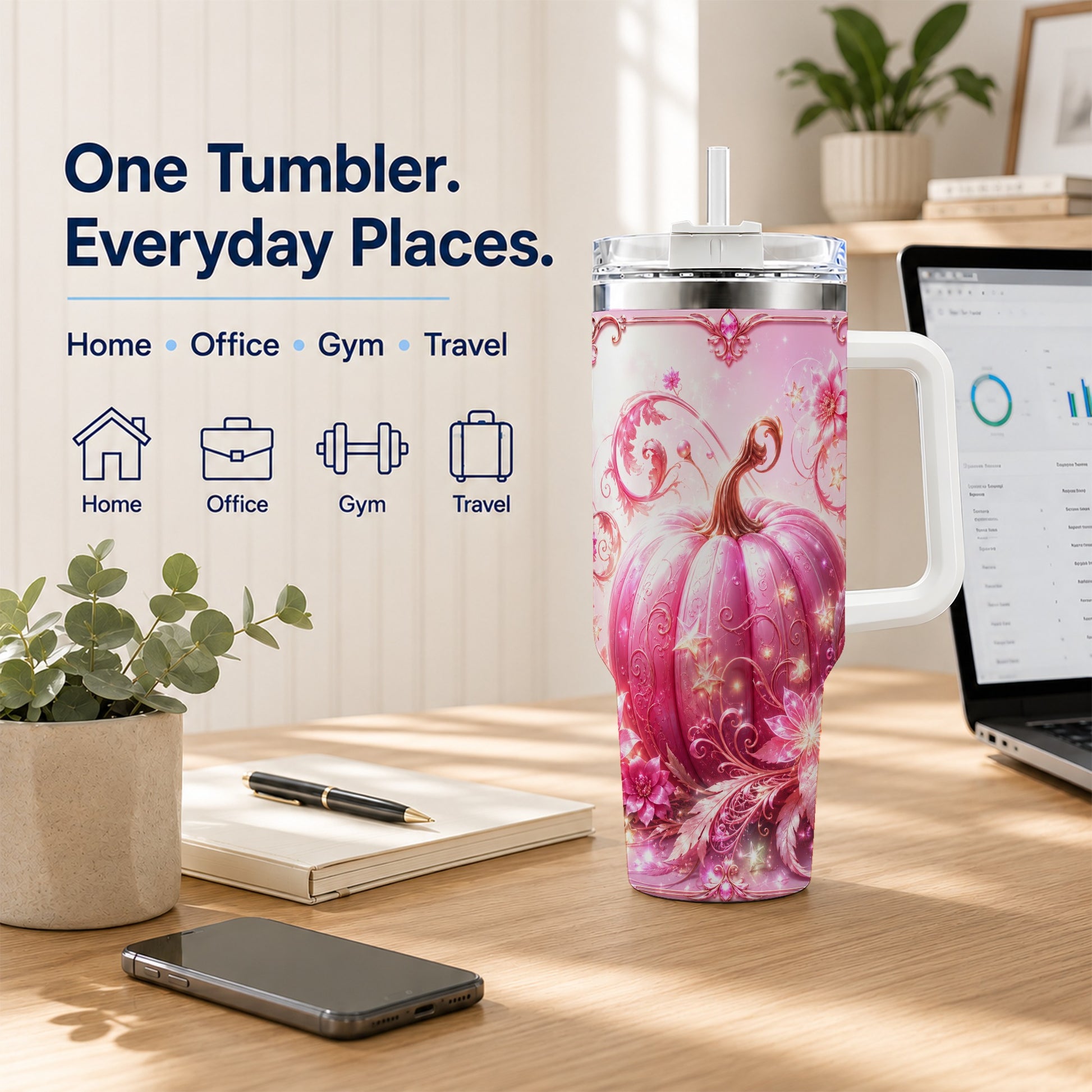 #pl[40oz|White] Floral Pumpkin 40oz Tumbler with Handle, Autumn Theme Travel Cup