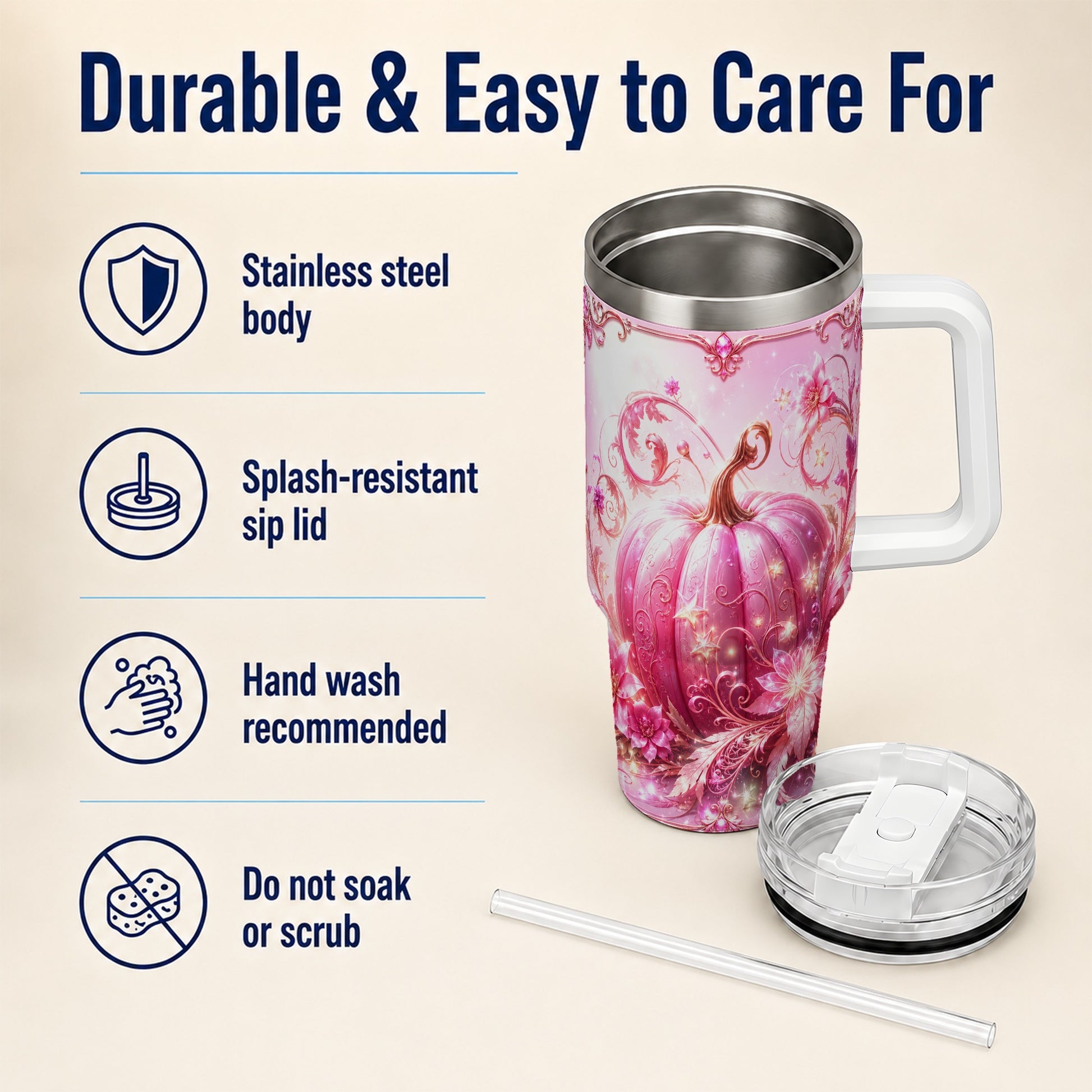 #pl[40oz|White] Floral Pumpkin 40oz Tumbler with Handle, Autumn Theme Travel Cup