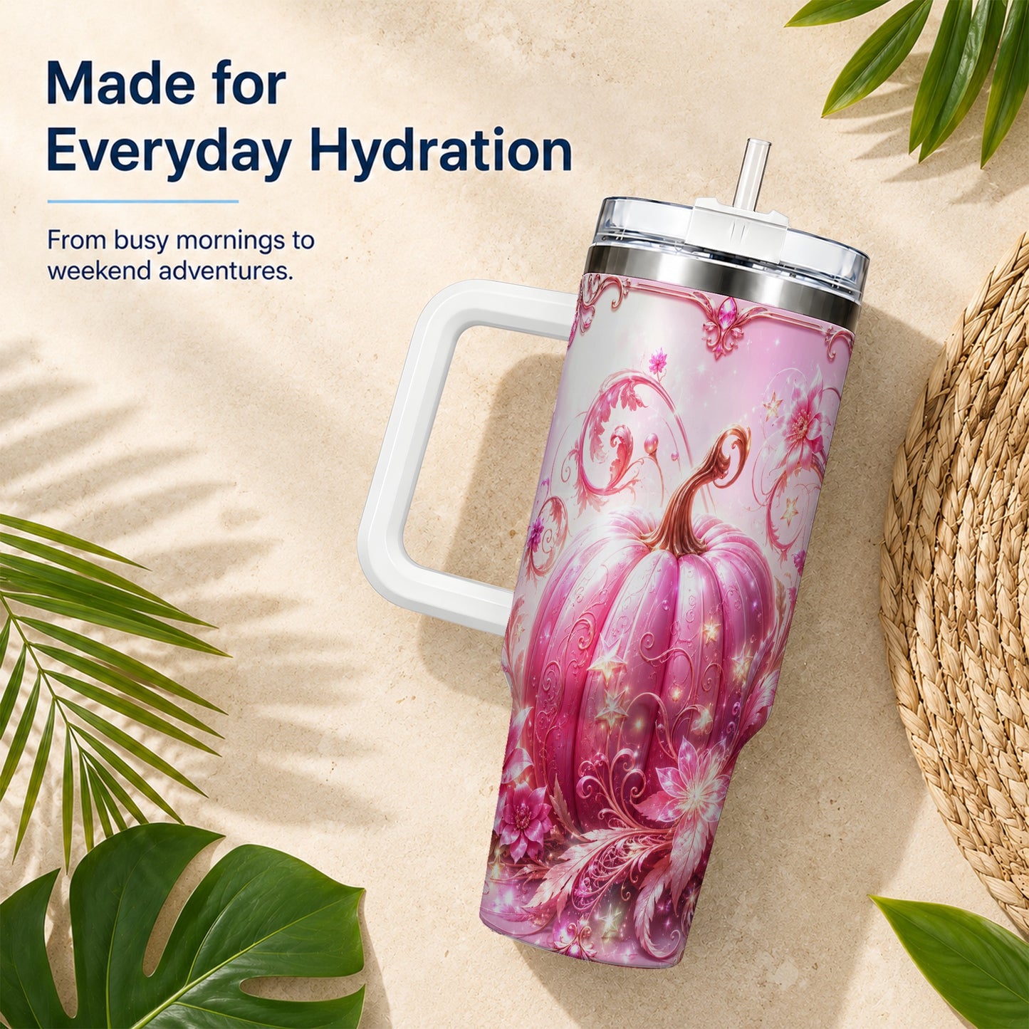 #pl[40oz|White] Floral Pumpkin 40oz Tumbler with Handle, Autumn Theme Travel Cup
