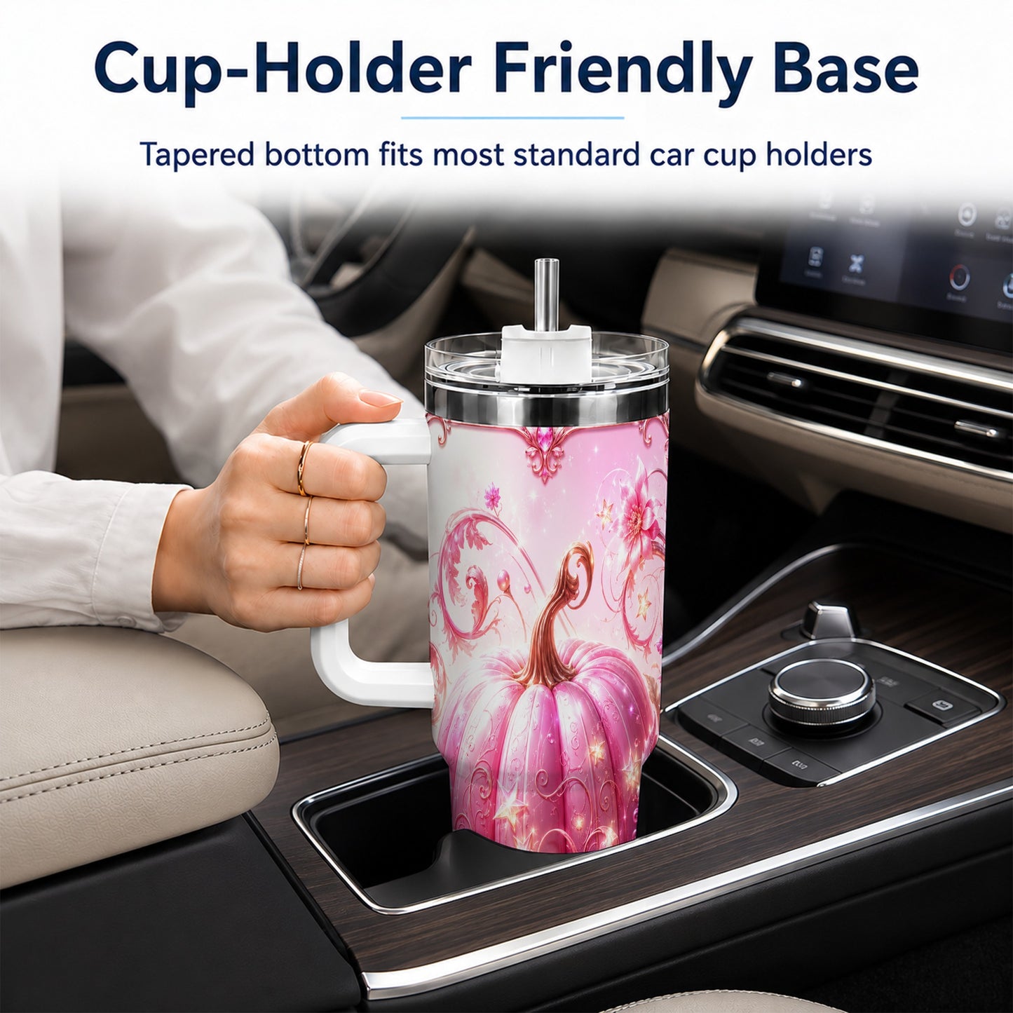 #pl[40oz|White] Floral Pumpkin 40oz Tumbler with Handle, Autumn Theme Travel Cup