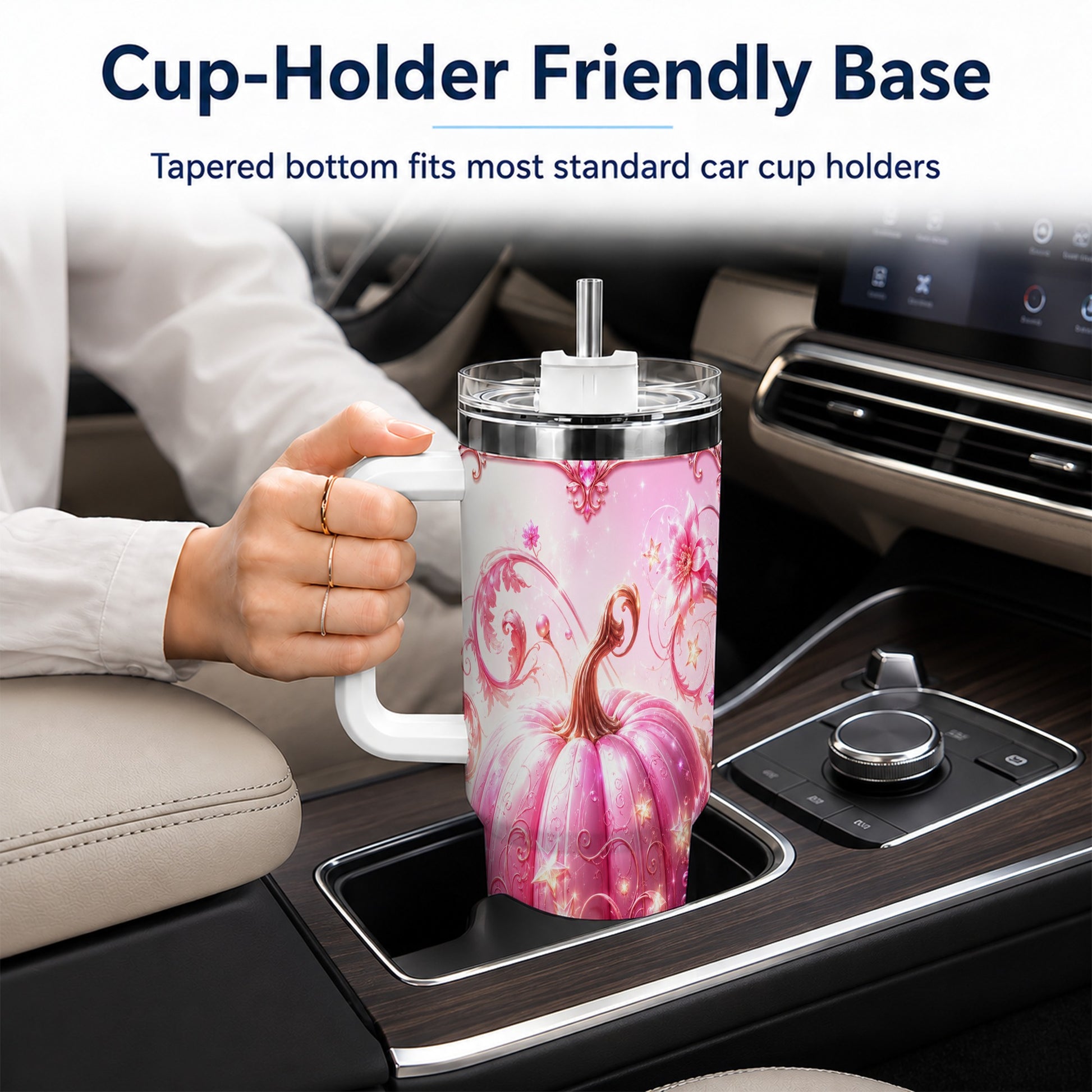 #pl[40oz|White] Floral Pumpkin 40oz Tumbler with Handle, Autumn Theme Travel Cup