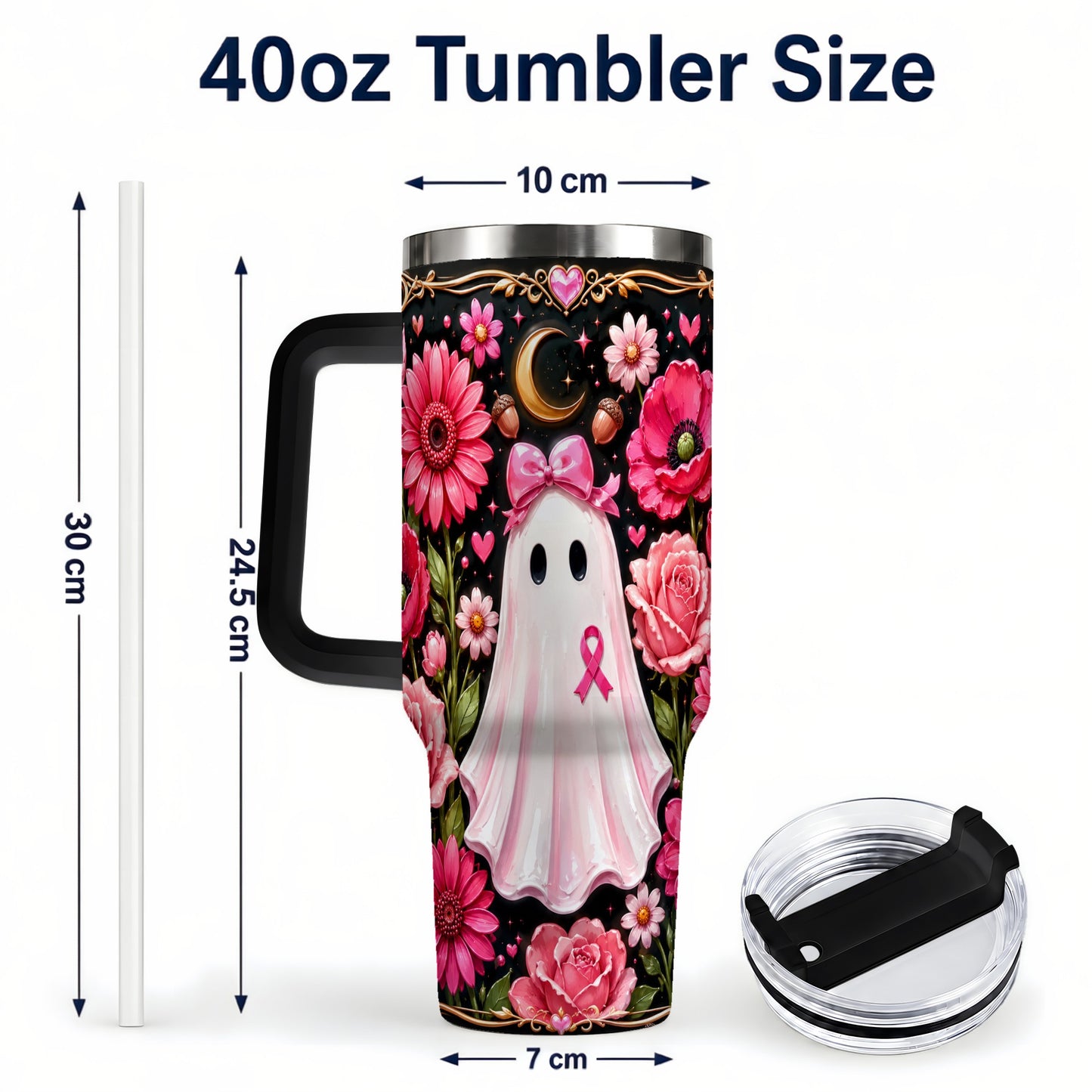 #pl[40oz|Black] Ribbon Ghost 40oz Tumbler with Handle, Floral Awareness Travel Cup