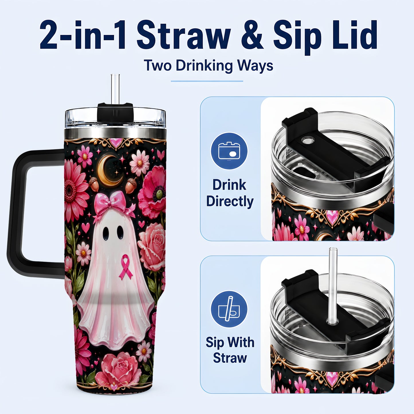 #pl[40oz|Black] Ribbon Ghost 40oz Tumbler with Handle, Floral Awareness Travel Cup