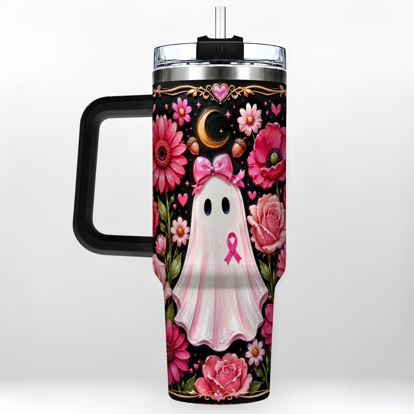 #pl[40oz|Black] Ribbon Ghost 40oz Tumbler with Handle, Floral Awareness Travel Cup
