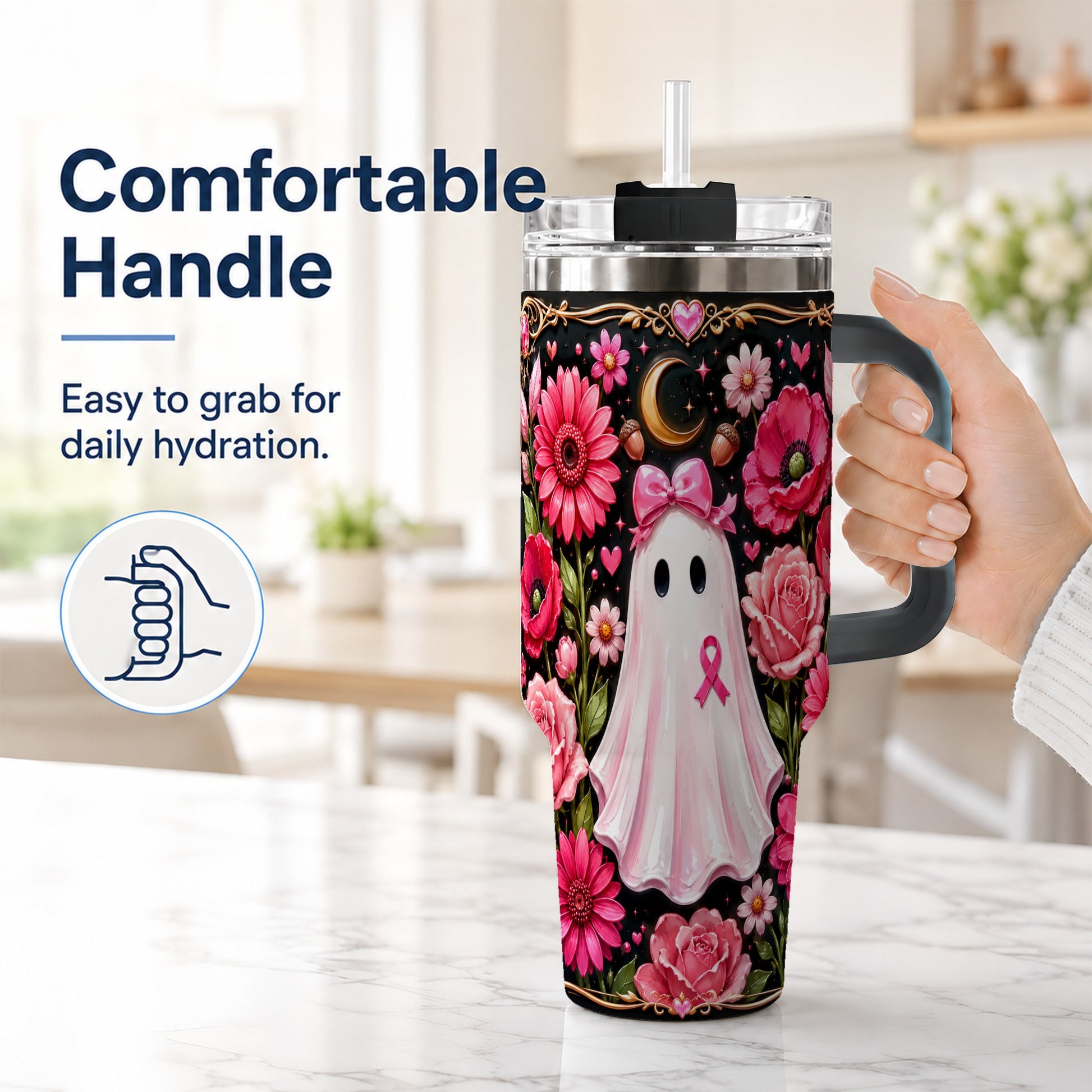 #pl[40oz|Black] Ribbon Ghost 40oz Tumbler with Handle, Floral Awareness Travel Cup