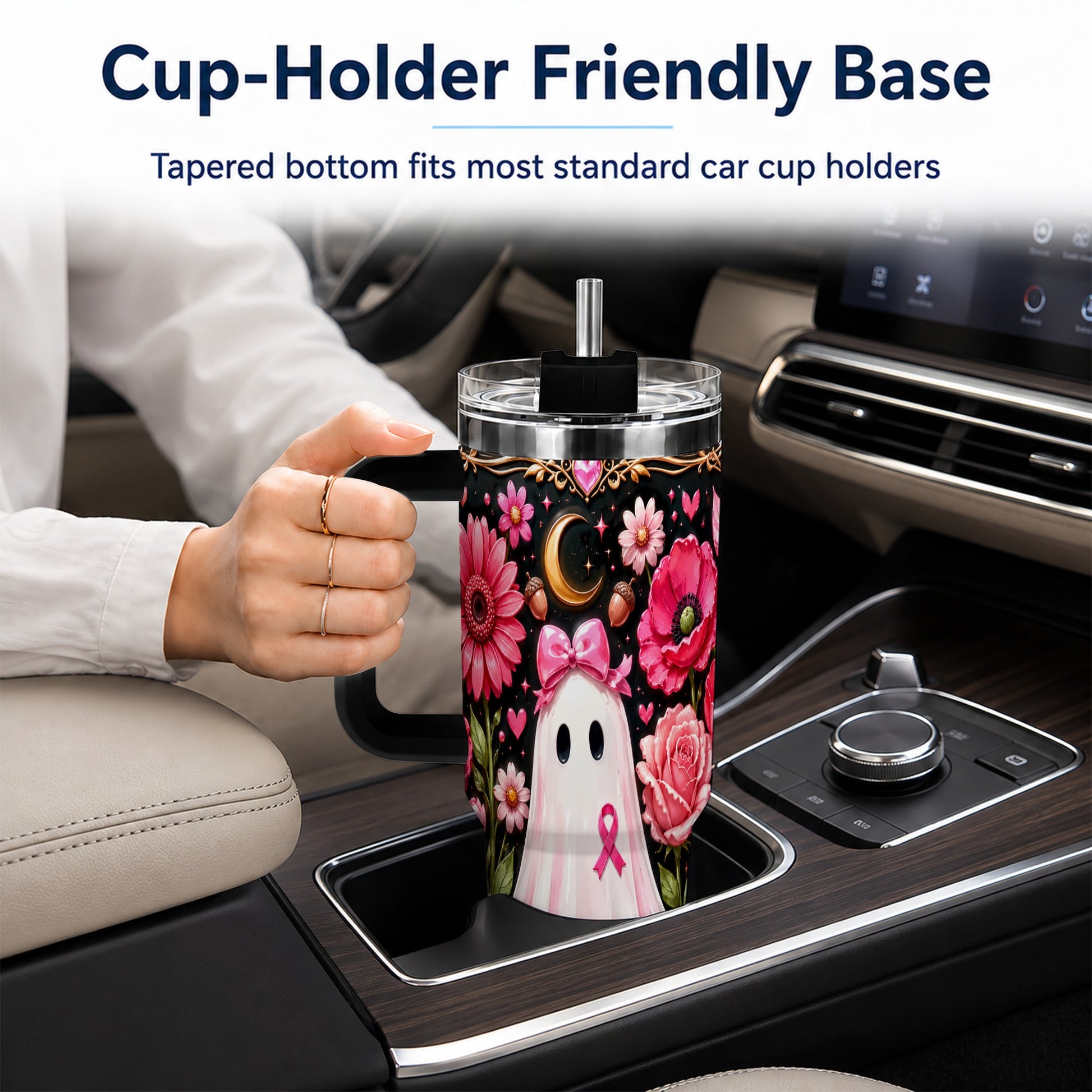 #pl[40oz|Black] Ribbon Ghost 40oz Tumbler with Handle, Floral Awareness Travel Cup